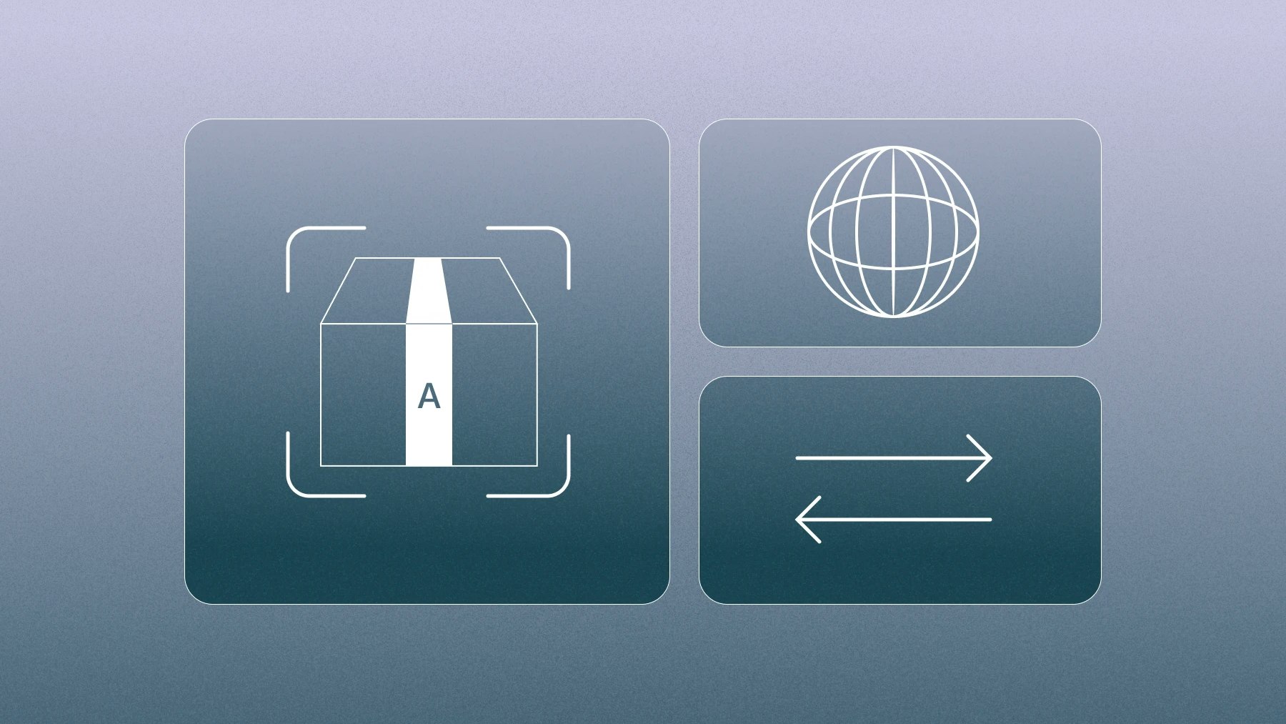 3 icons showing a box with an A on it, globe outline, and arrows going back and forth.