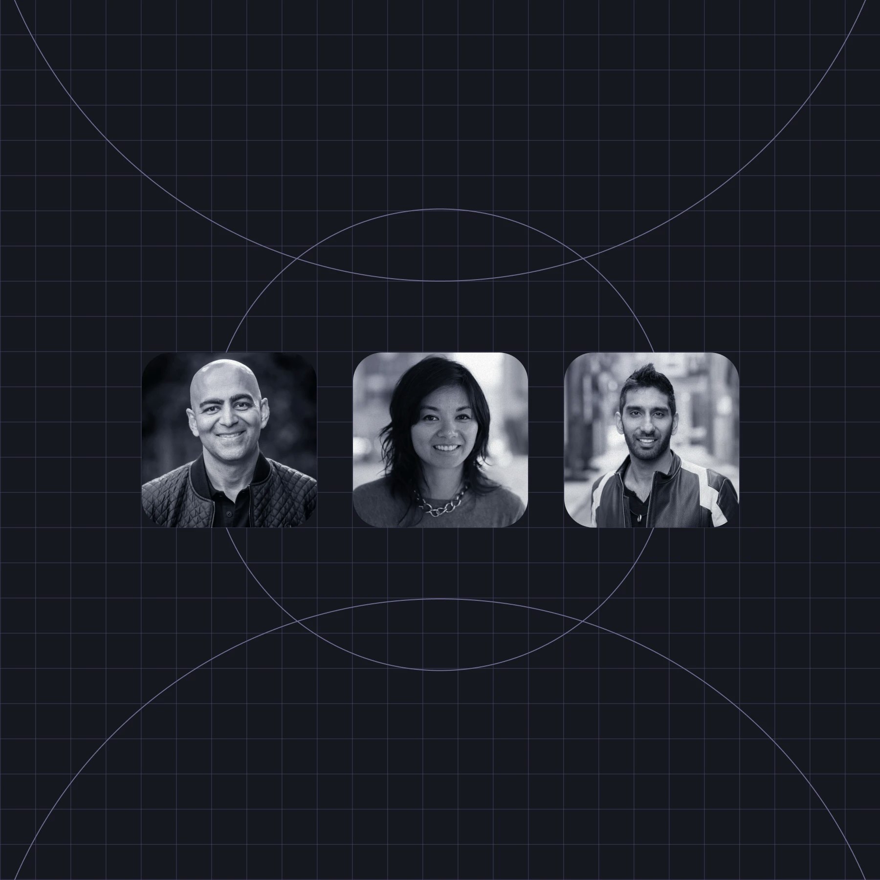 Headshots of Anish Acharya, Rahul Vohra, Jean Yang