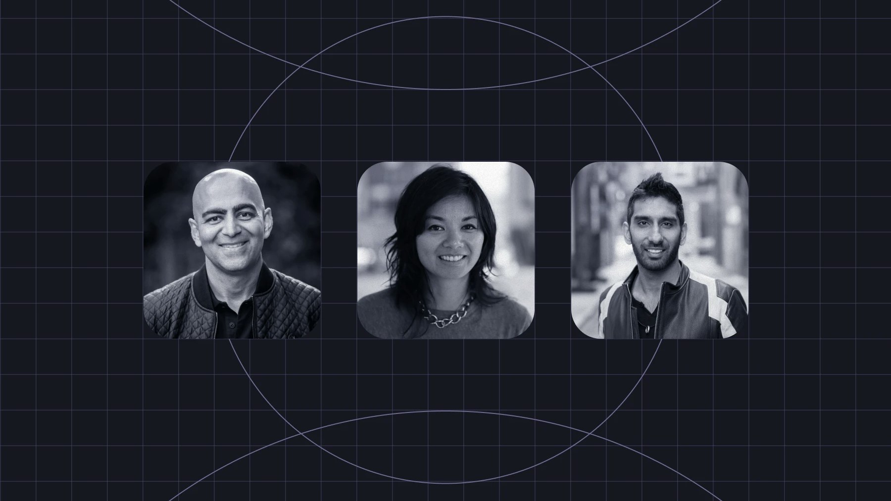 Headshots of Anish Acharya, Rahul Vohra, Jean Yang