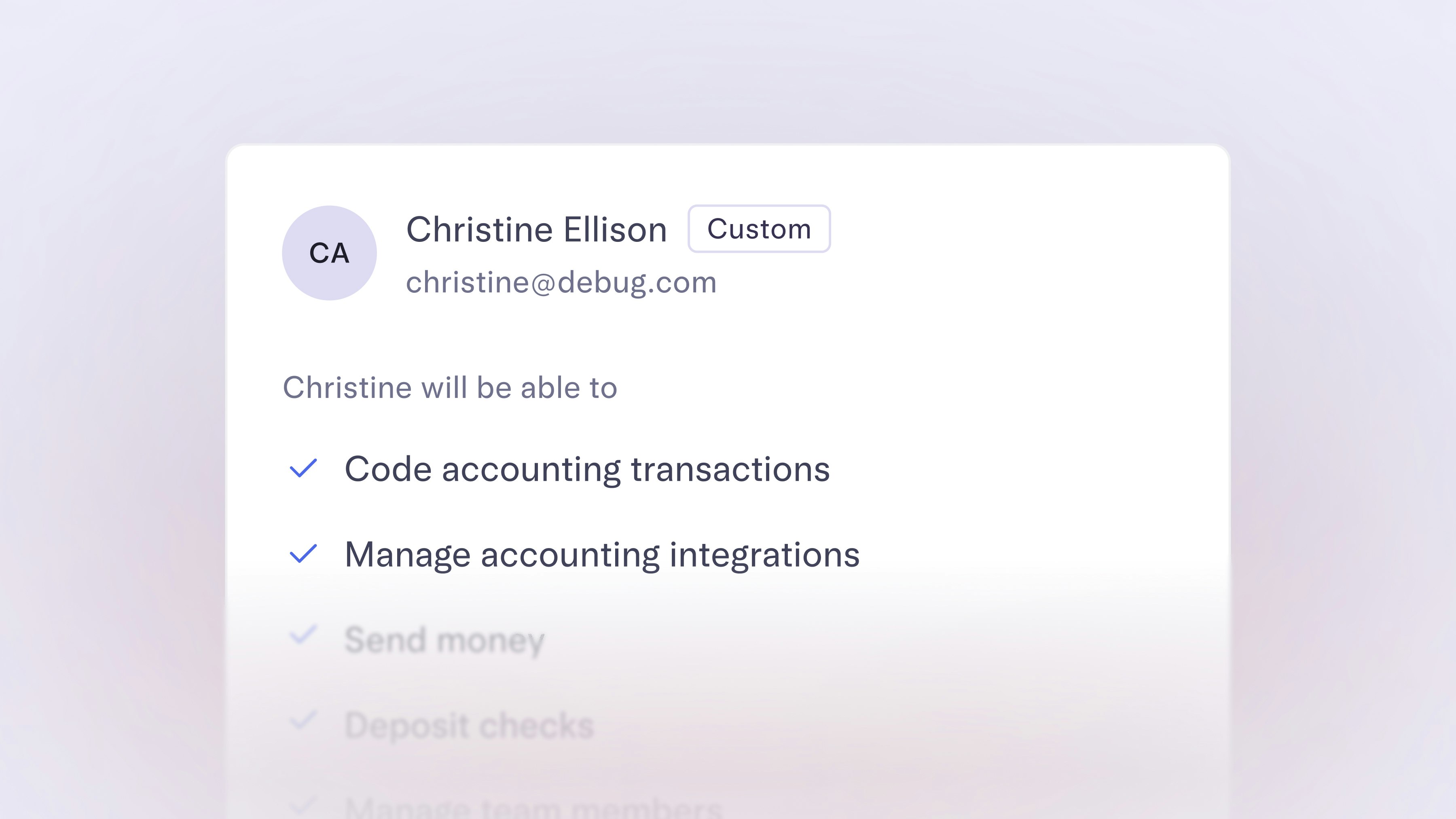 Screenshot of a custom user named "Christine Ellison" getting accounting permission