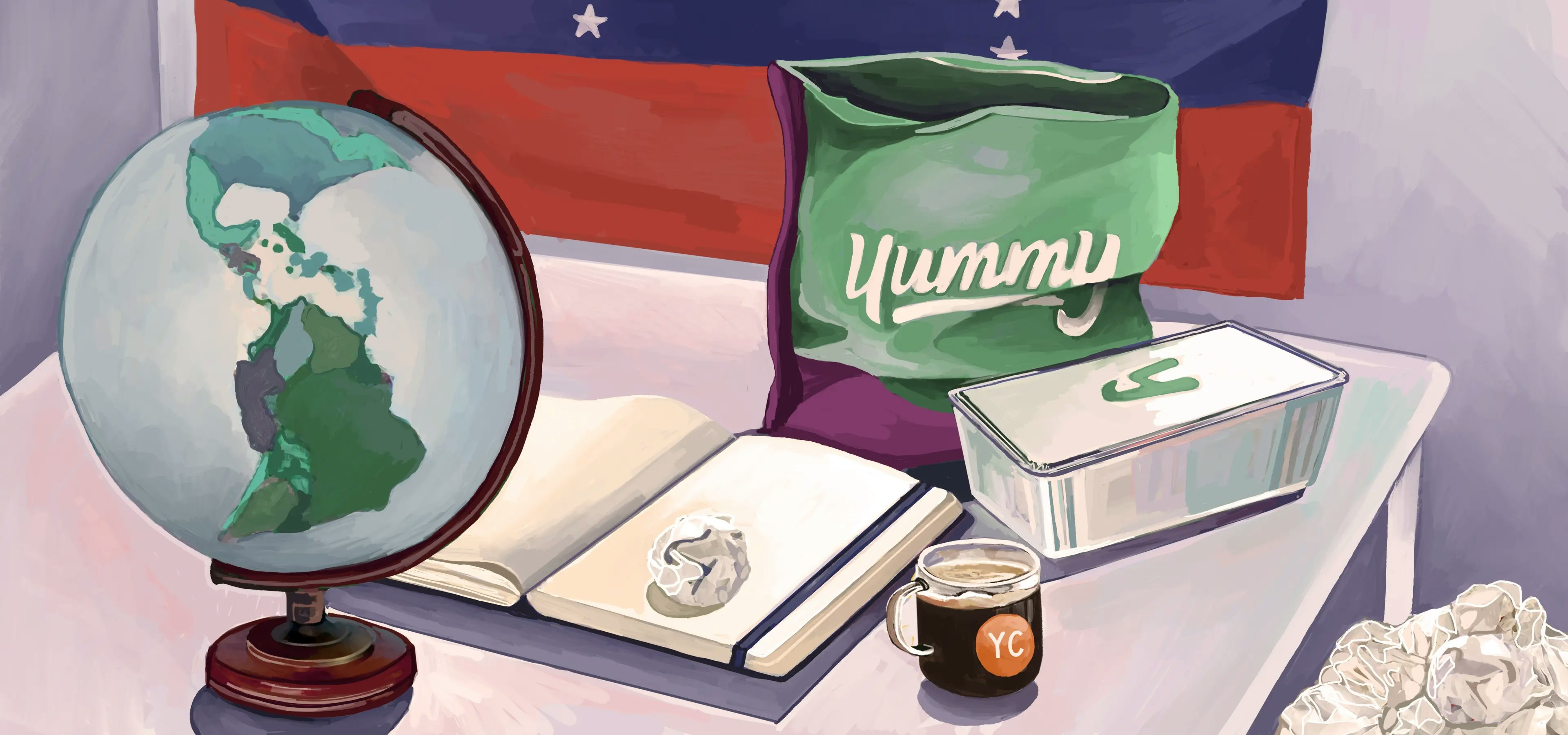 Still life of Yummy foods, a notebook, a globe & flag.