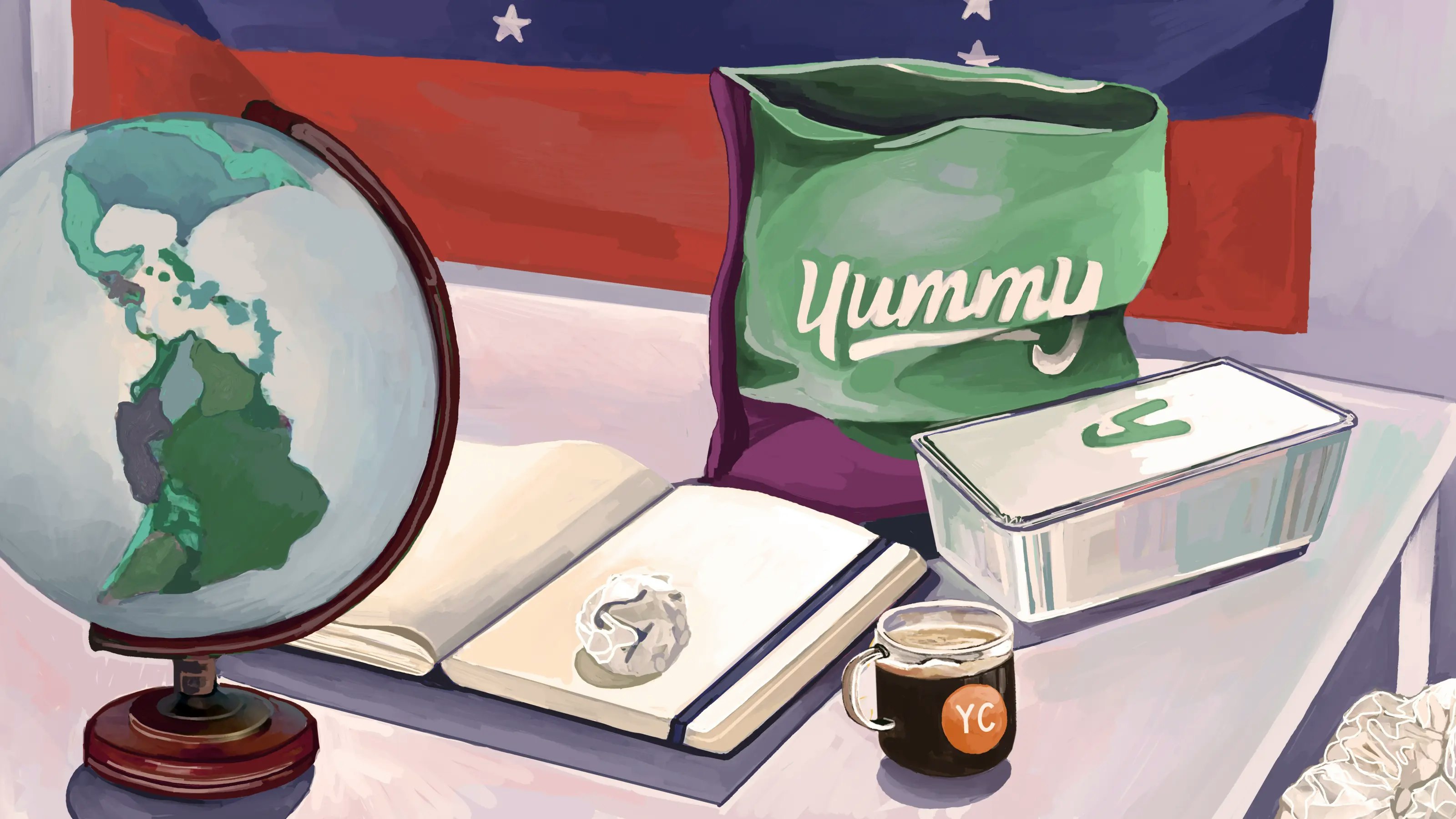 Still life of Yummy foods, a notebook, a globe & flag.