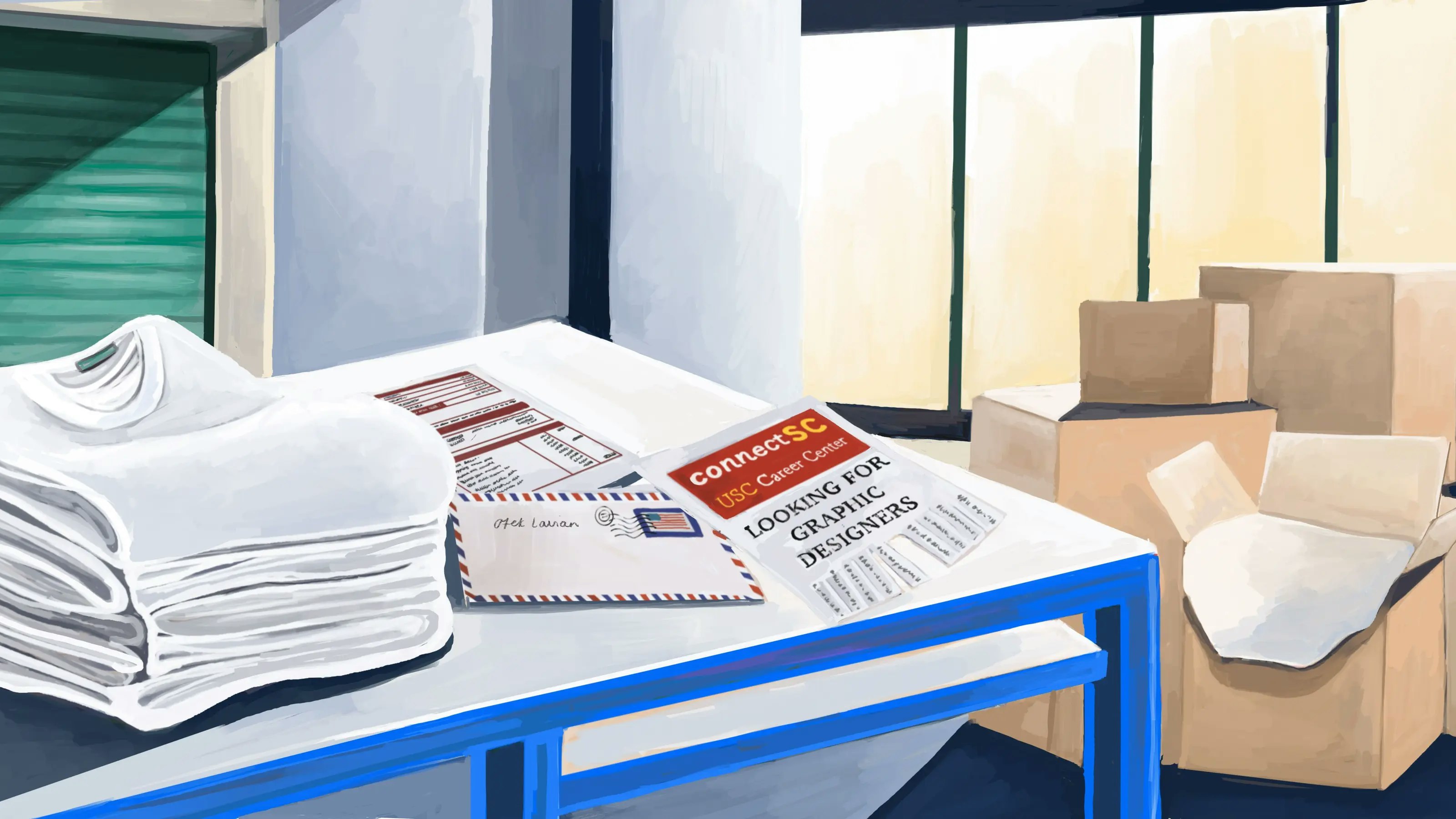 Still life painting of boxes, mail, white tee shirts.