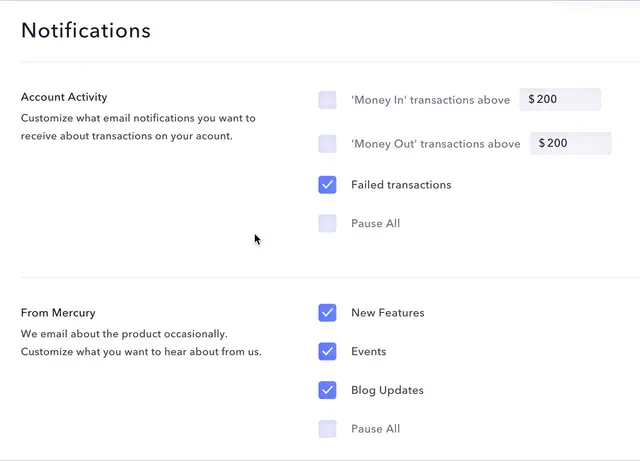 Mercury notifications page.