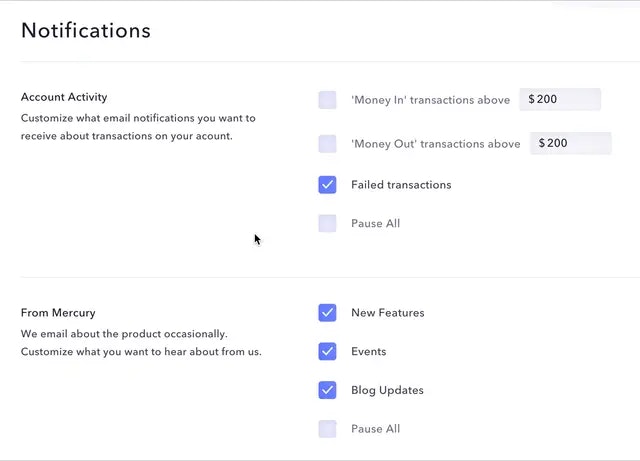 Mercury notifications page.