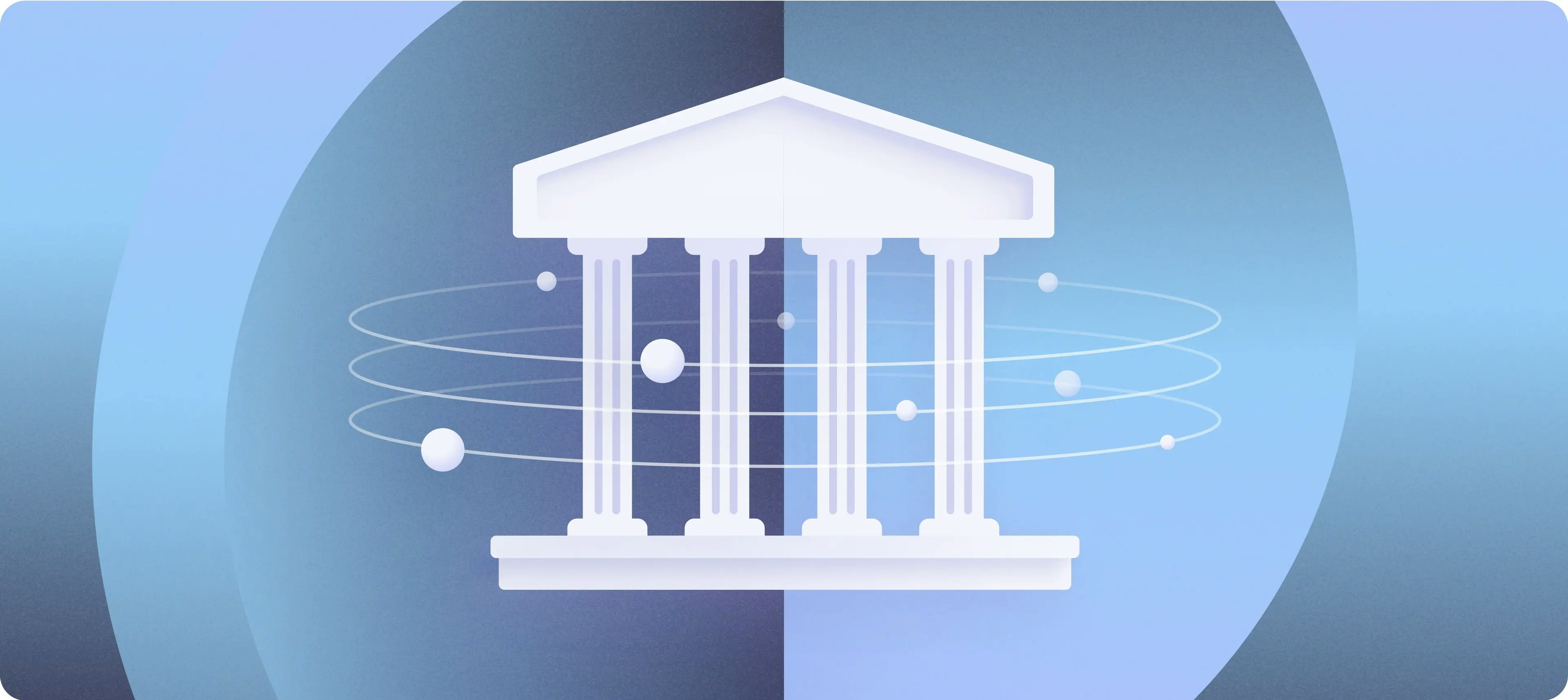 Bank icon with objects orbiting around it