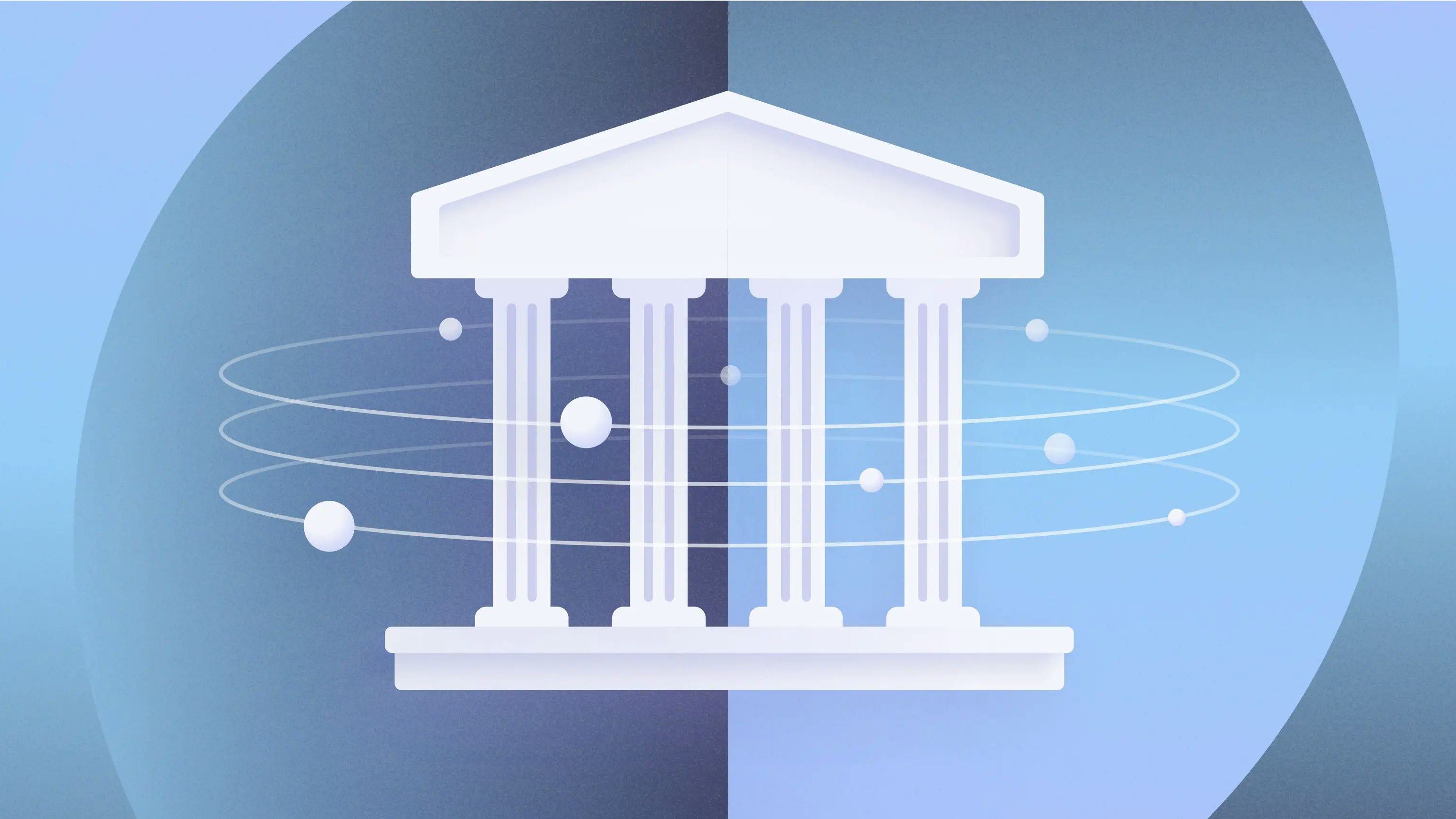 Bank icon with objects orbiting around it