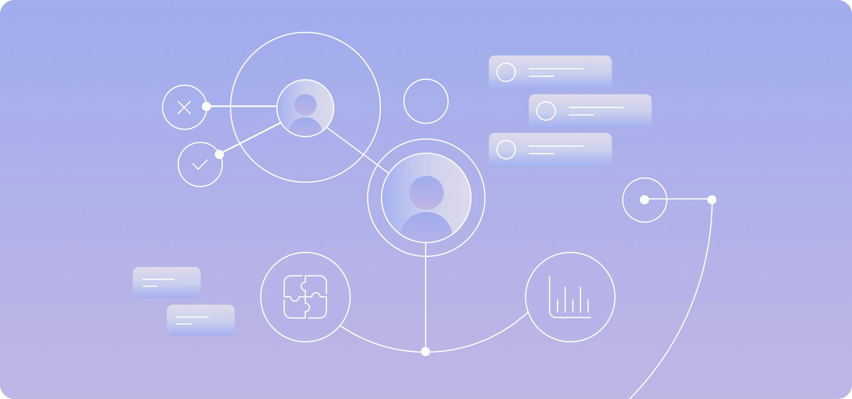 Graphic showing network of interactions and touchpoints around customer silhouettes | How to implement a CRM strategy for your startup | Mercury Blog