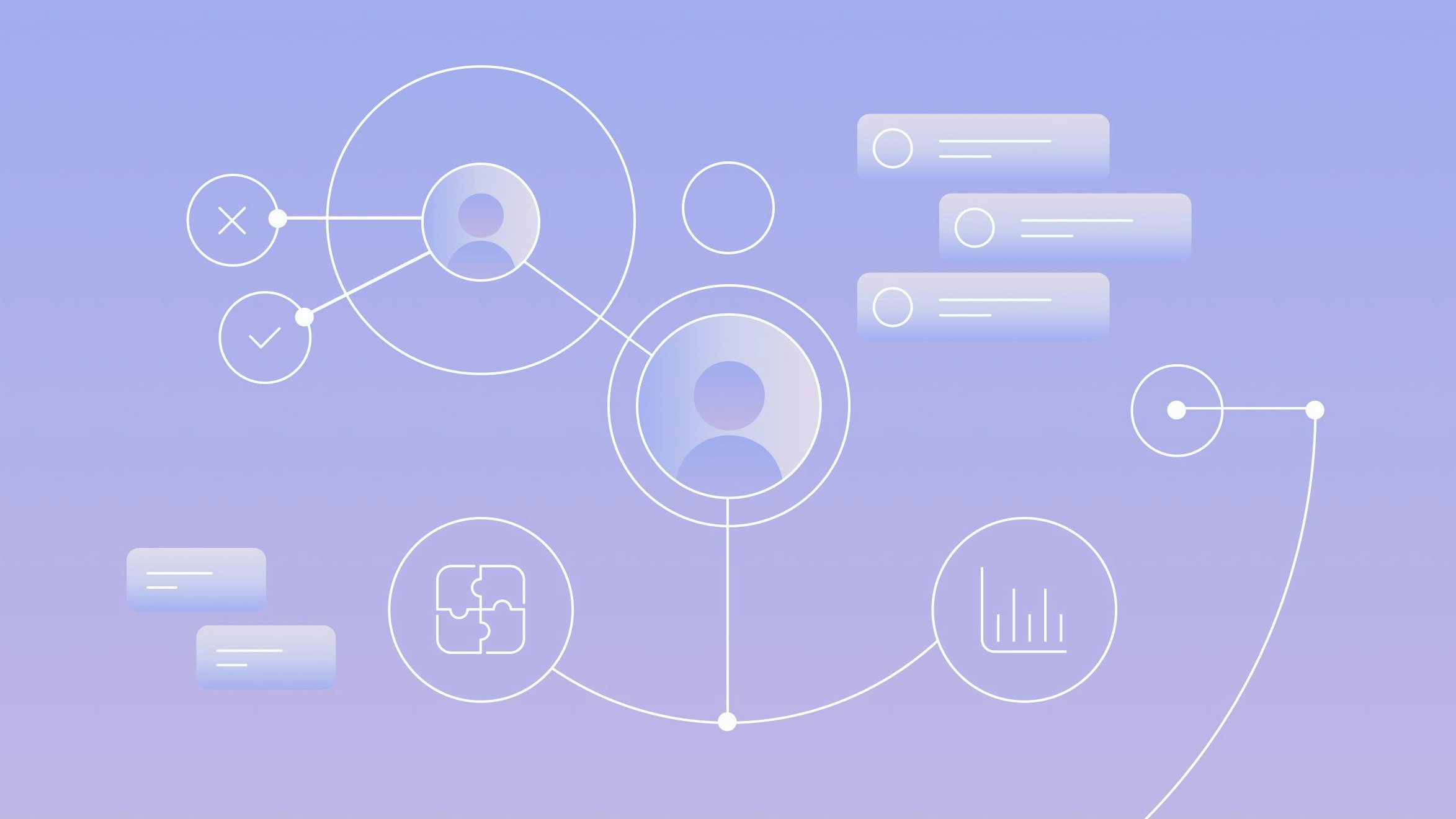Graphic showing network of interactions and touchpoints around customer silhouettes | How to implement a CRM strategy for your startup | Mercury Blog