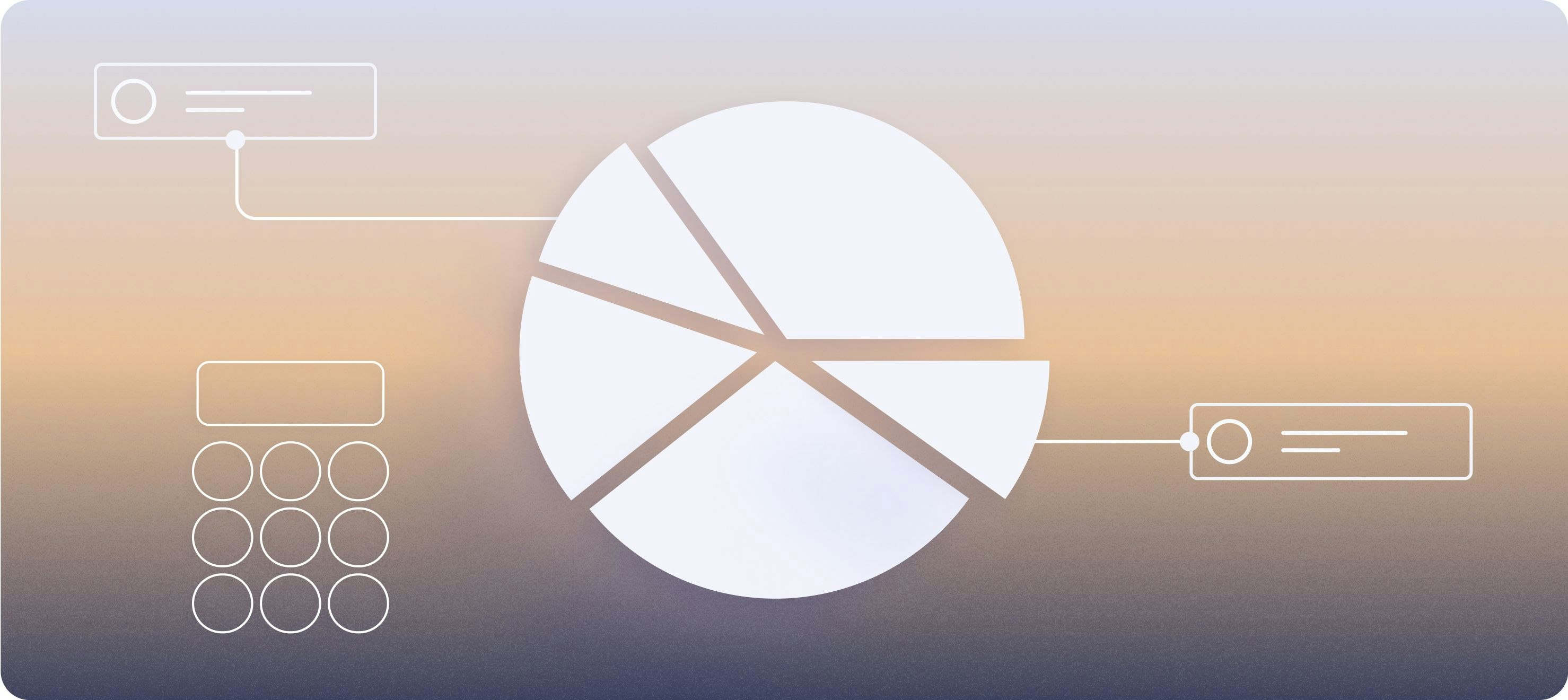 Abstract illustration of a white pie chart with several segments highlighted, set against a gradient background that transitions from warm orange to cool blue tones. Simple white line icons, including a calculator and text boxes, are connected to the chart with thin lines, symbolizing data analysis or financial breakdown.