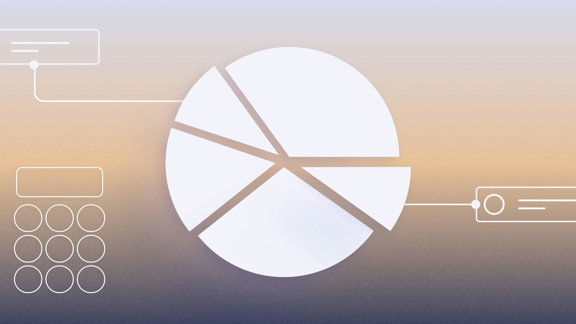 Abstract illustration of a white pie chart with several segments highlighted, set against a gradient background that transitions from warm orange to cool blue tones. Simple white line icons, including a calculator and text boxes, are connected to the chart with thin lines, symbolizing data analysis or financial breakdown.