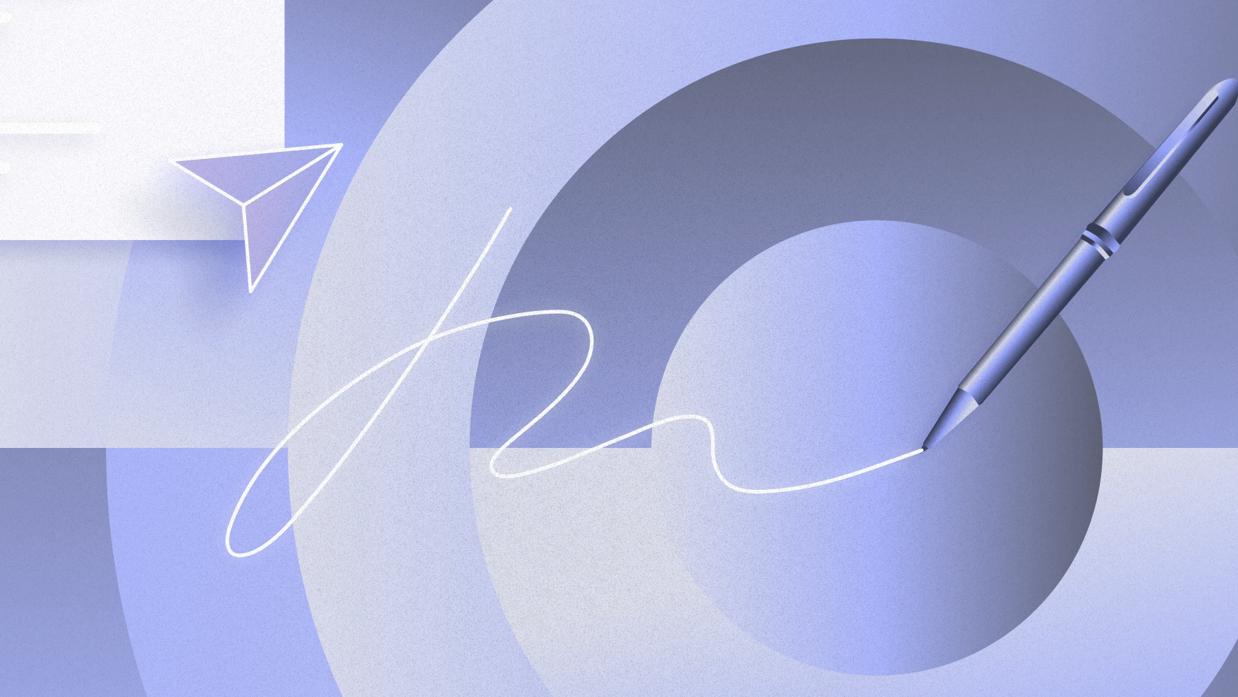 Document with a floating send icon, plus a signature and pen