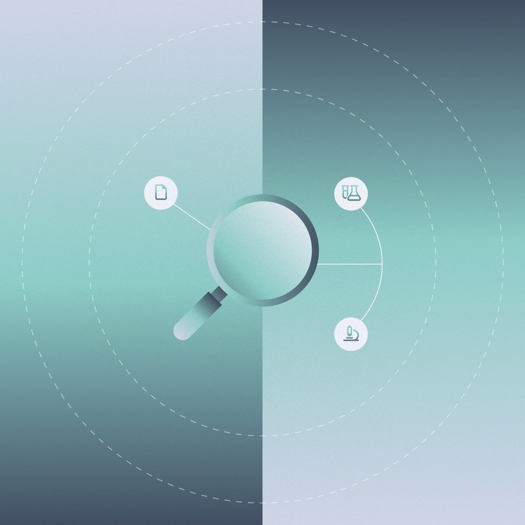 Magnifying glass with icons connected showing: beaker, microscope, and document.