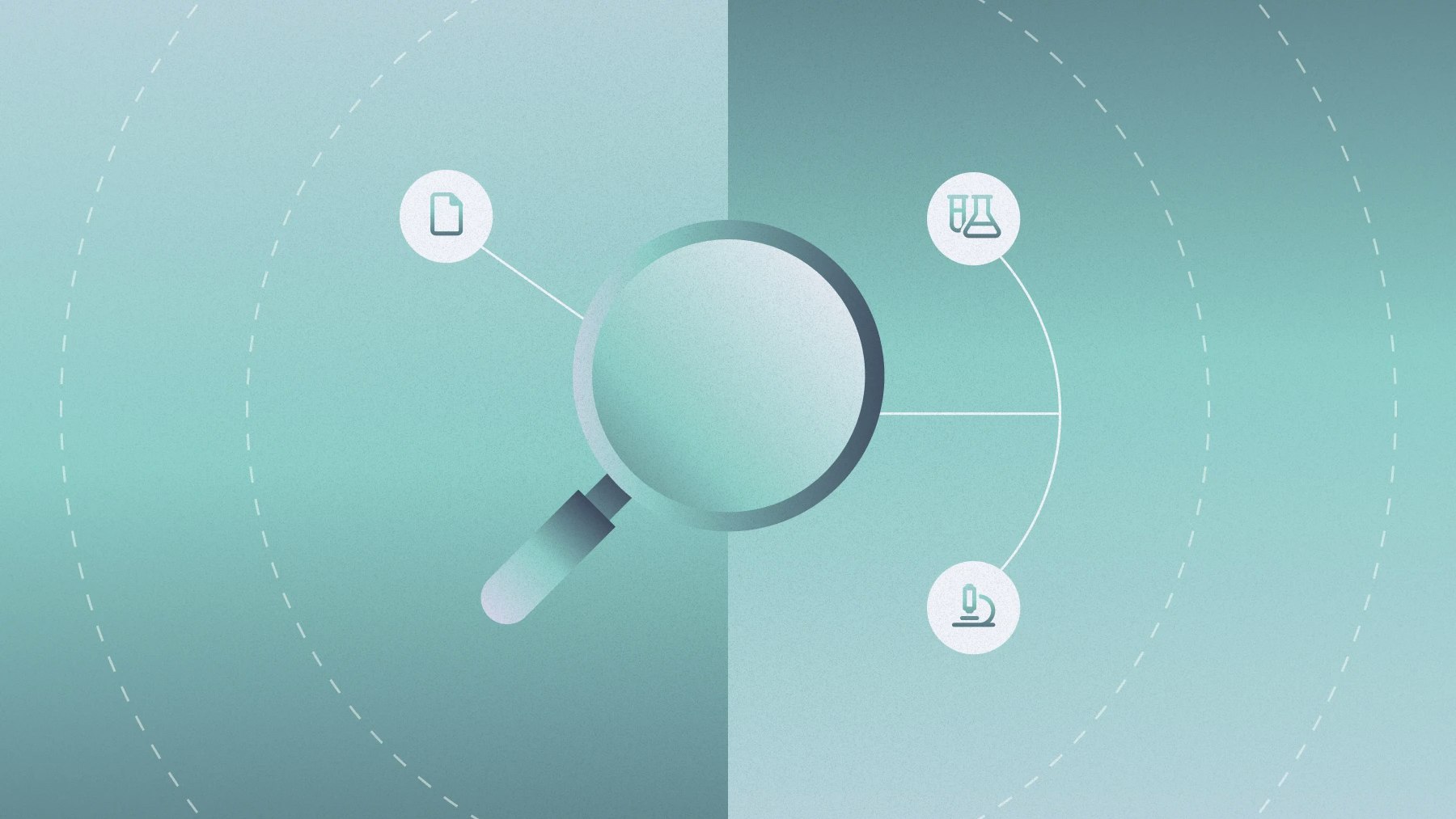 Magnifying glass with icons connected showing: beaker, microscope, and document.