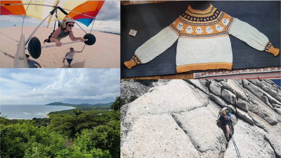 Assorted images of wellness spend, mostly travel and excursions plus one cozy sweater