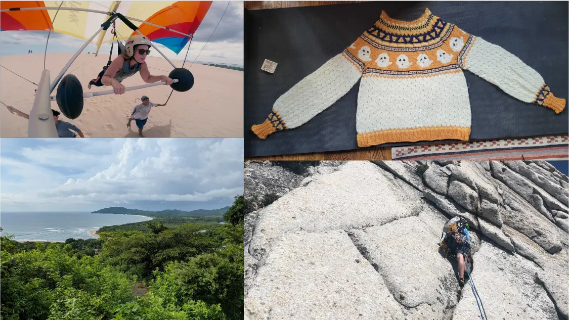Assorted images of wellness spend, mostly travel and excursions plus one cozy sweater
