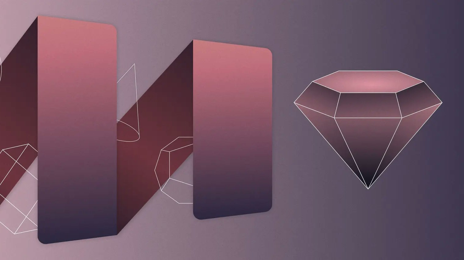 Multiple 3D objects including a sphere, cube, and cone, peeking out behind three rectangular pillars.