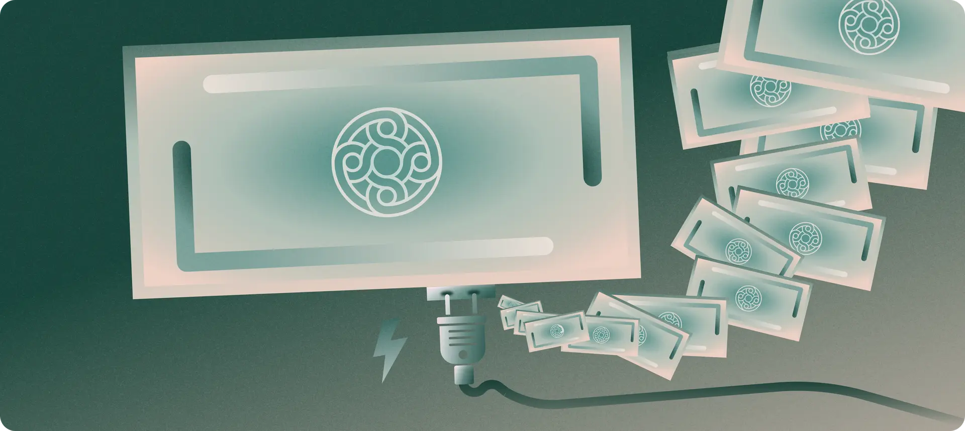 An electrical plug connecting to a monitor with Mercury's logo on the screen.