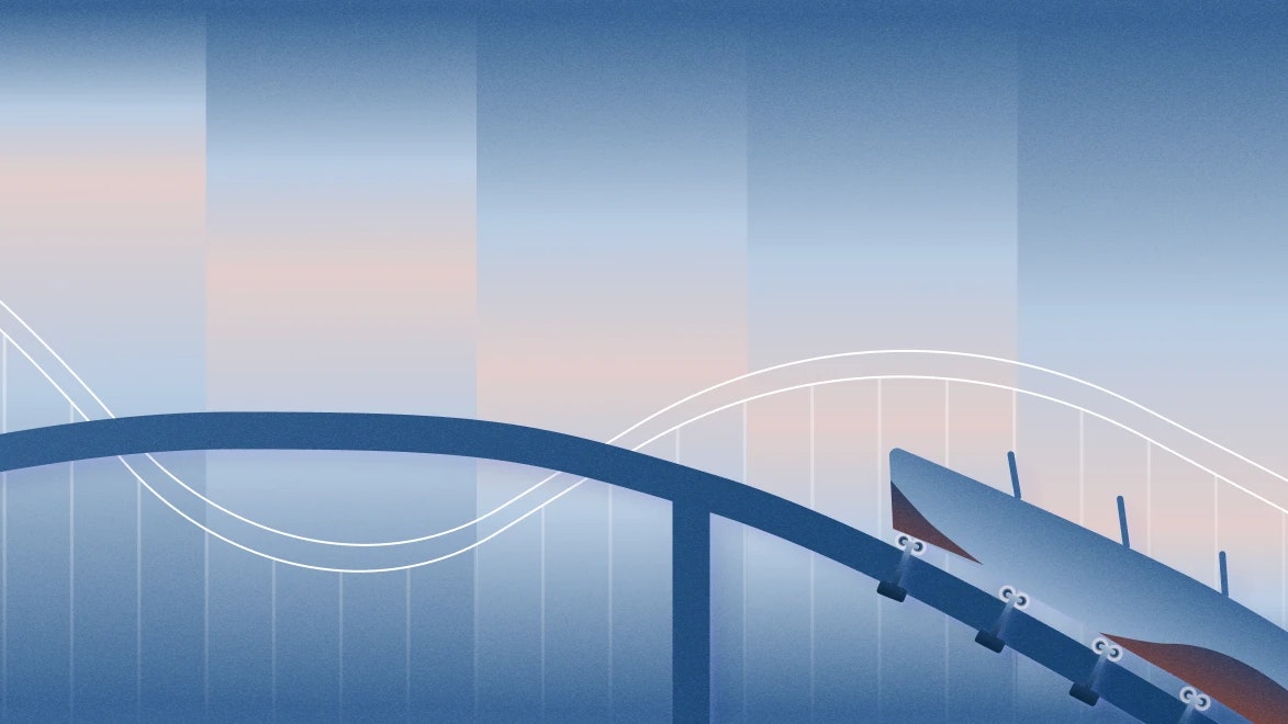 Graphic illustration of roller coaster on tracks, going down | Understanding types of SaaS churn | Mercury