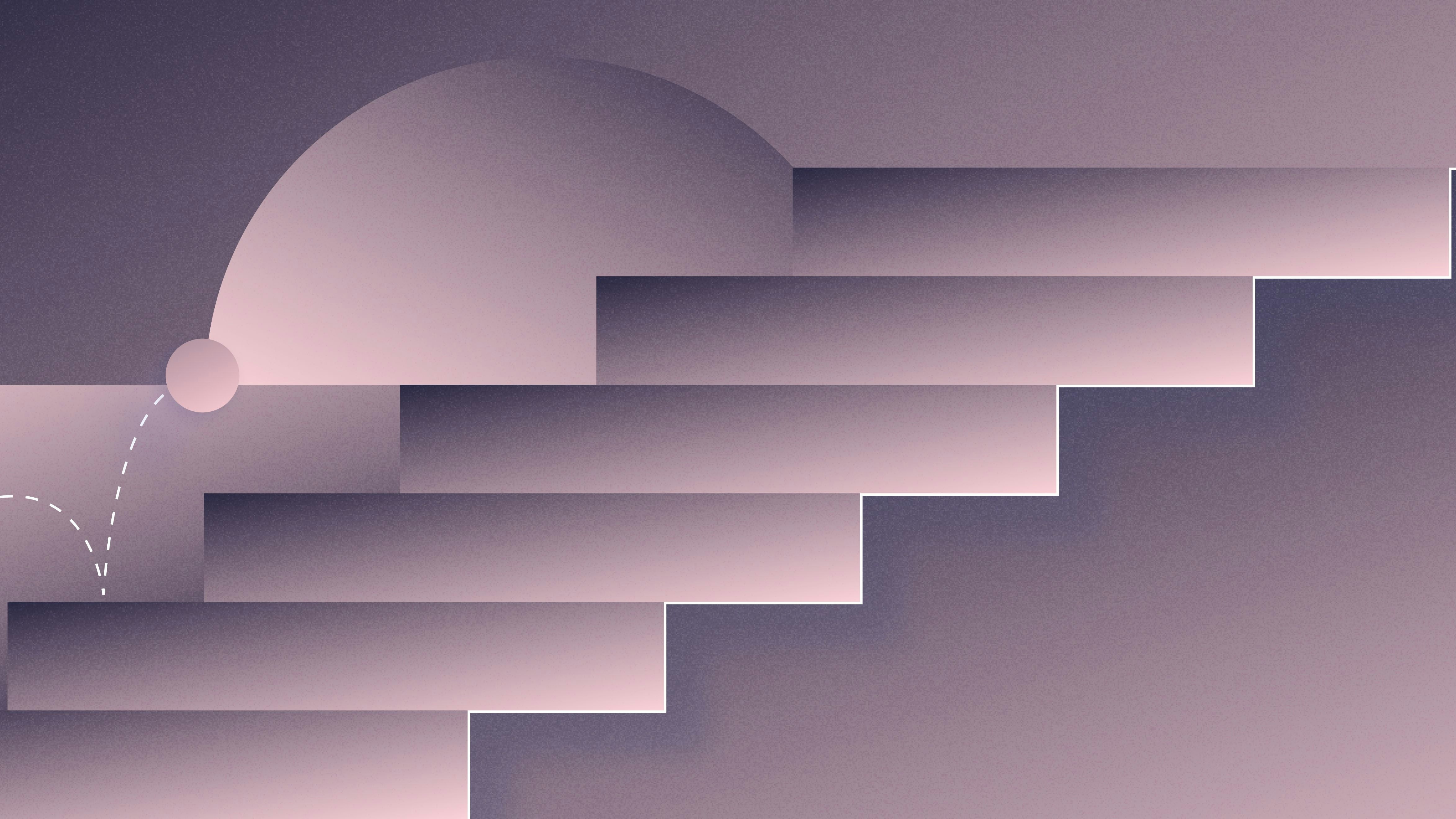 Abstract image of a ball bouncing up stairs up and to the right