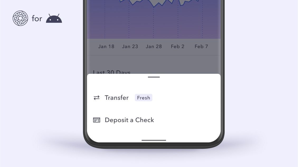 A close up of an Android phone's lower half, showing the Transfer feature in the Mercury Android app with the tag "Fresh" next to the feature.
