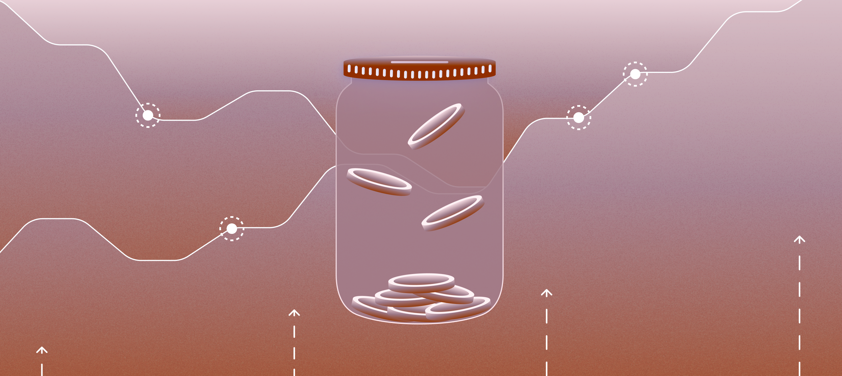 An illustrated jar of coins on a sunset-colored background