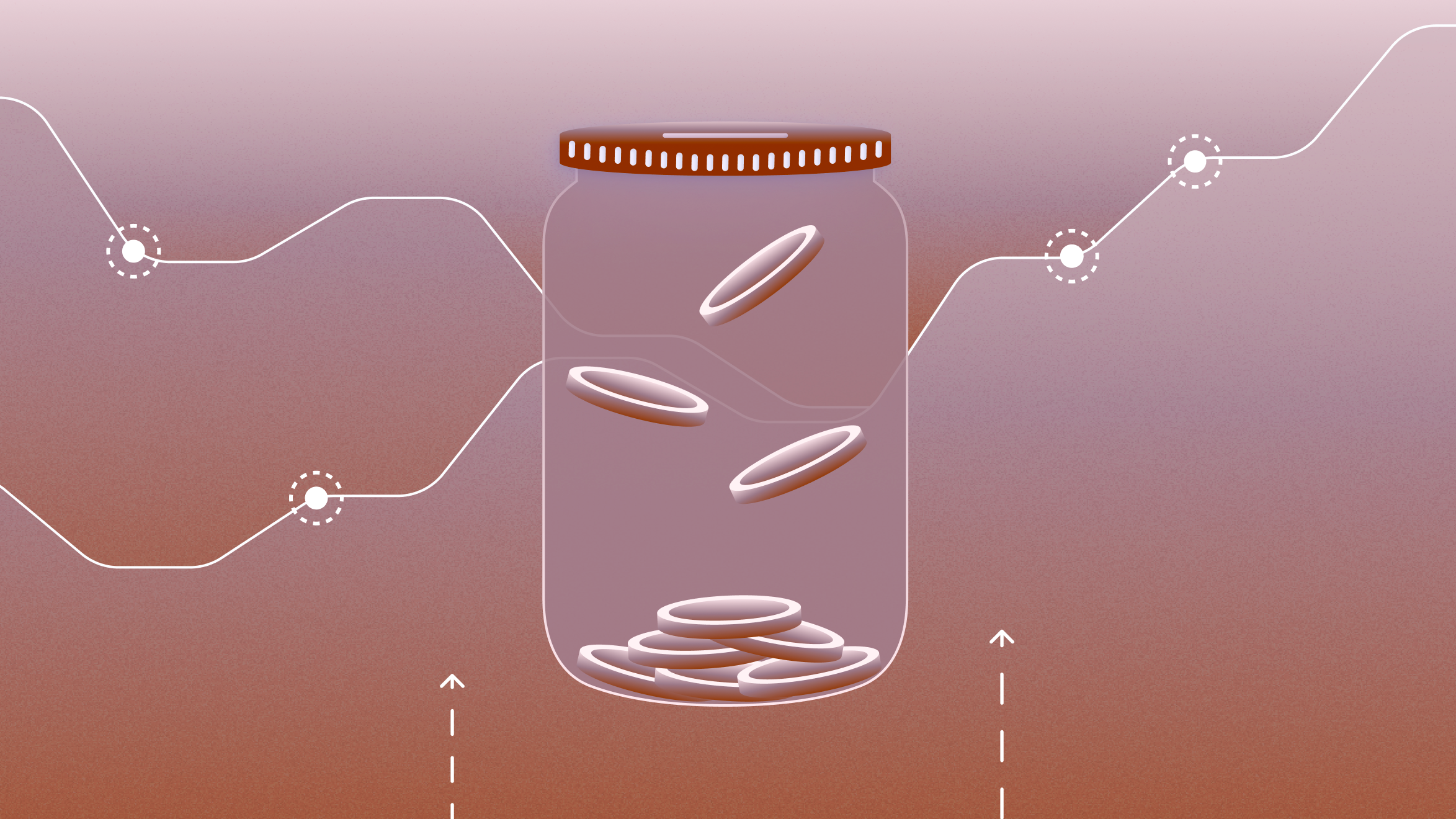 An illustrated jar of coins on a sunset-colored background