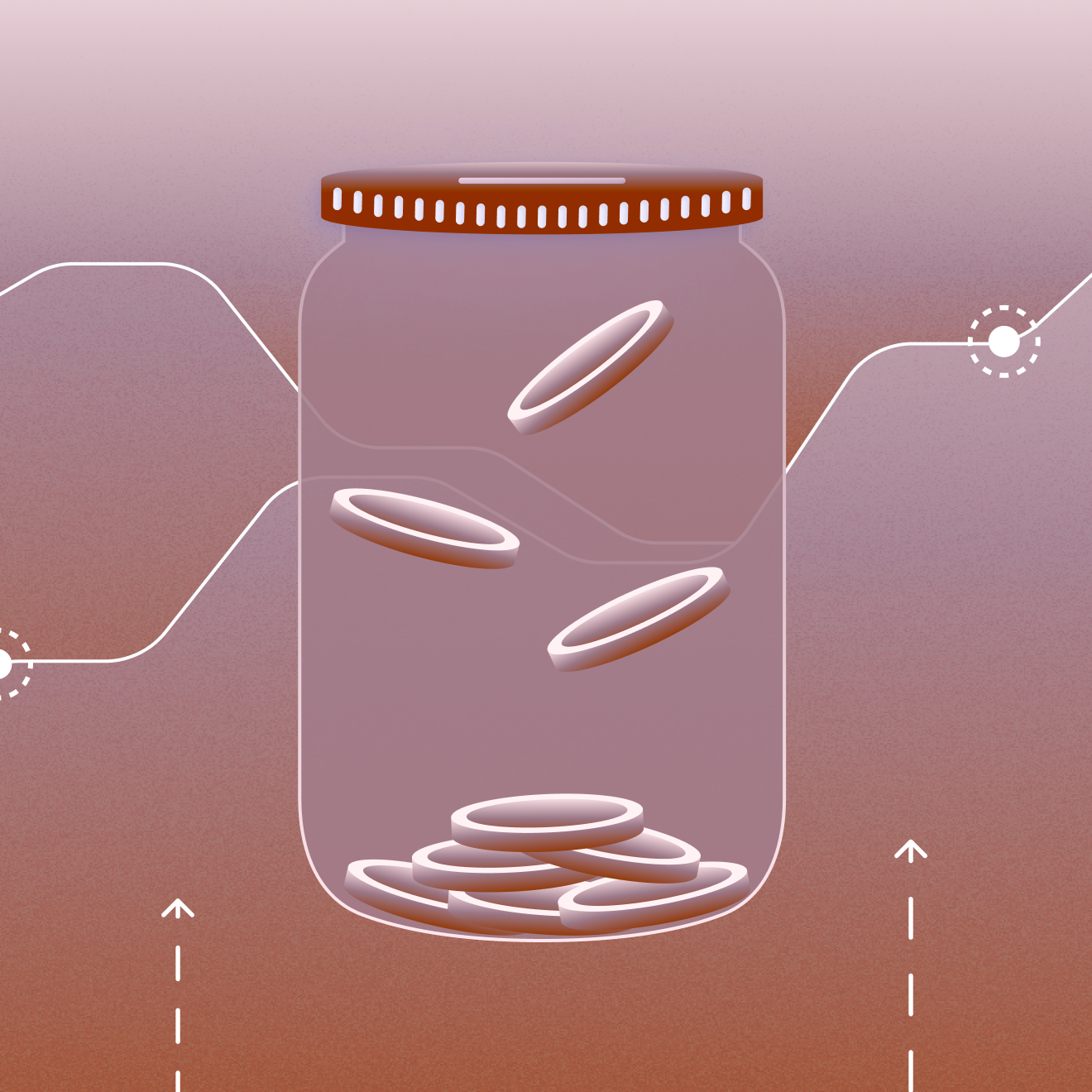 An illustrated jar of coins on a sunset-colored background
