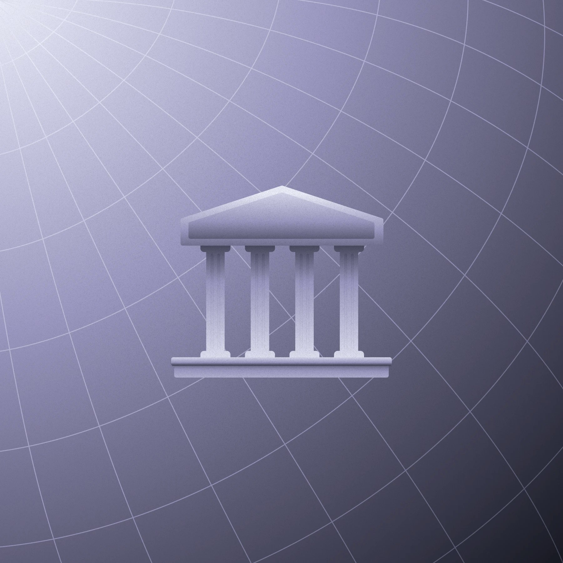 Outlines of a globe as a background pattern, with an illustration of a bank building