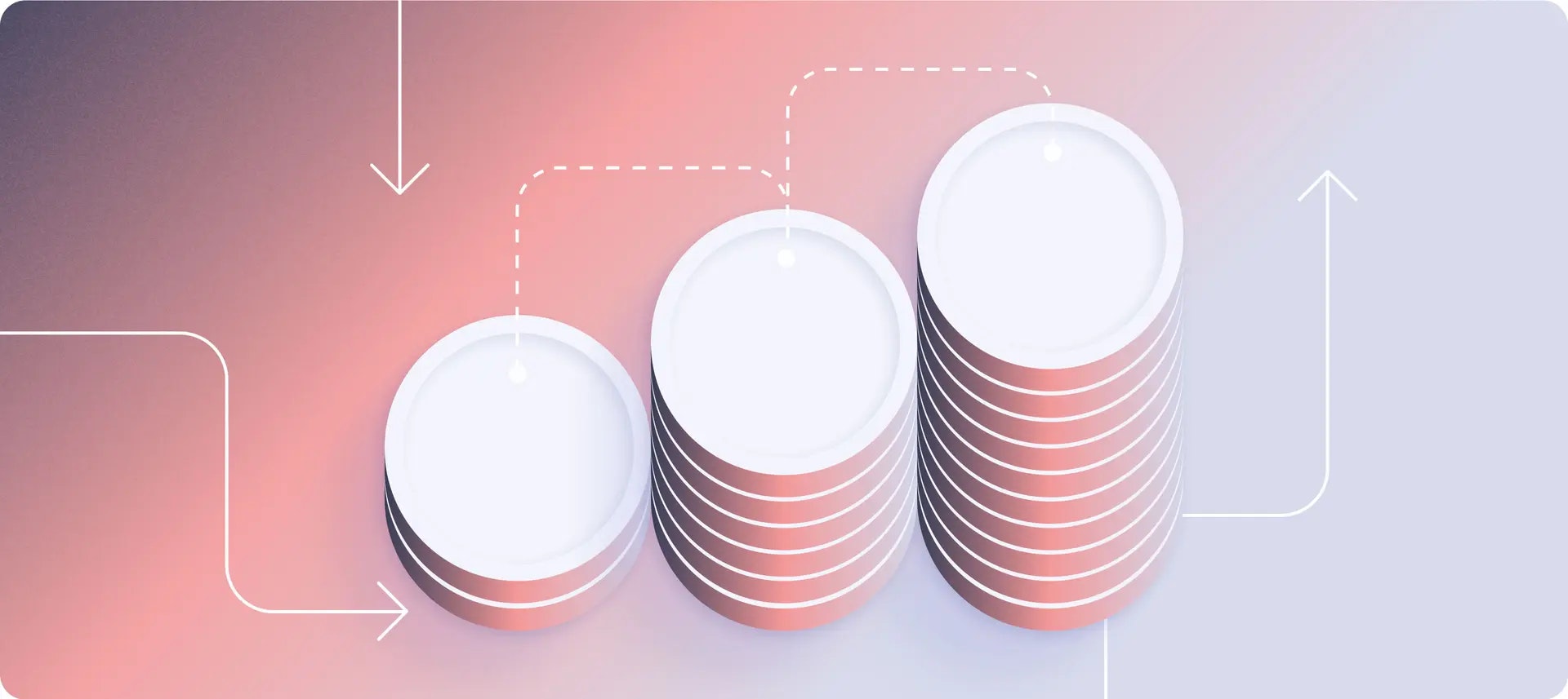 Three stacks of plates increasing in height from a nearly top-down view.