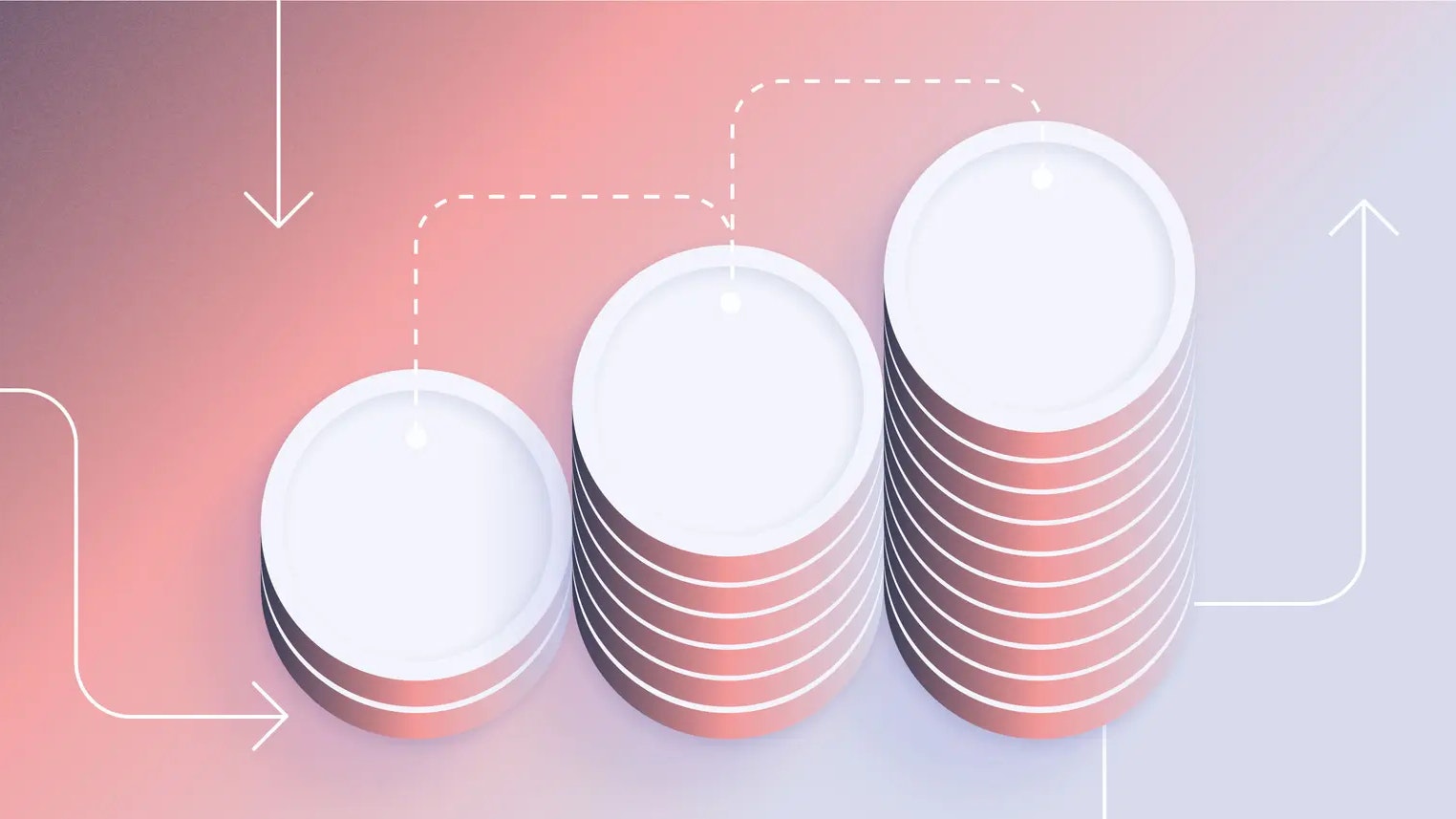 Three stacks of plates increasing in height from a nearly top-down view.