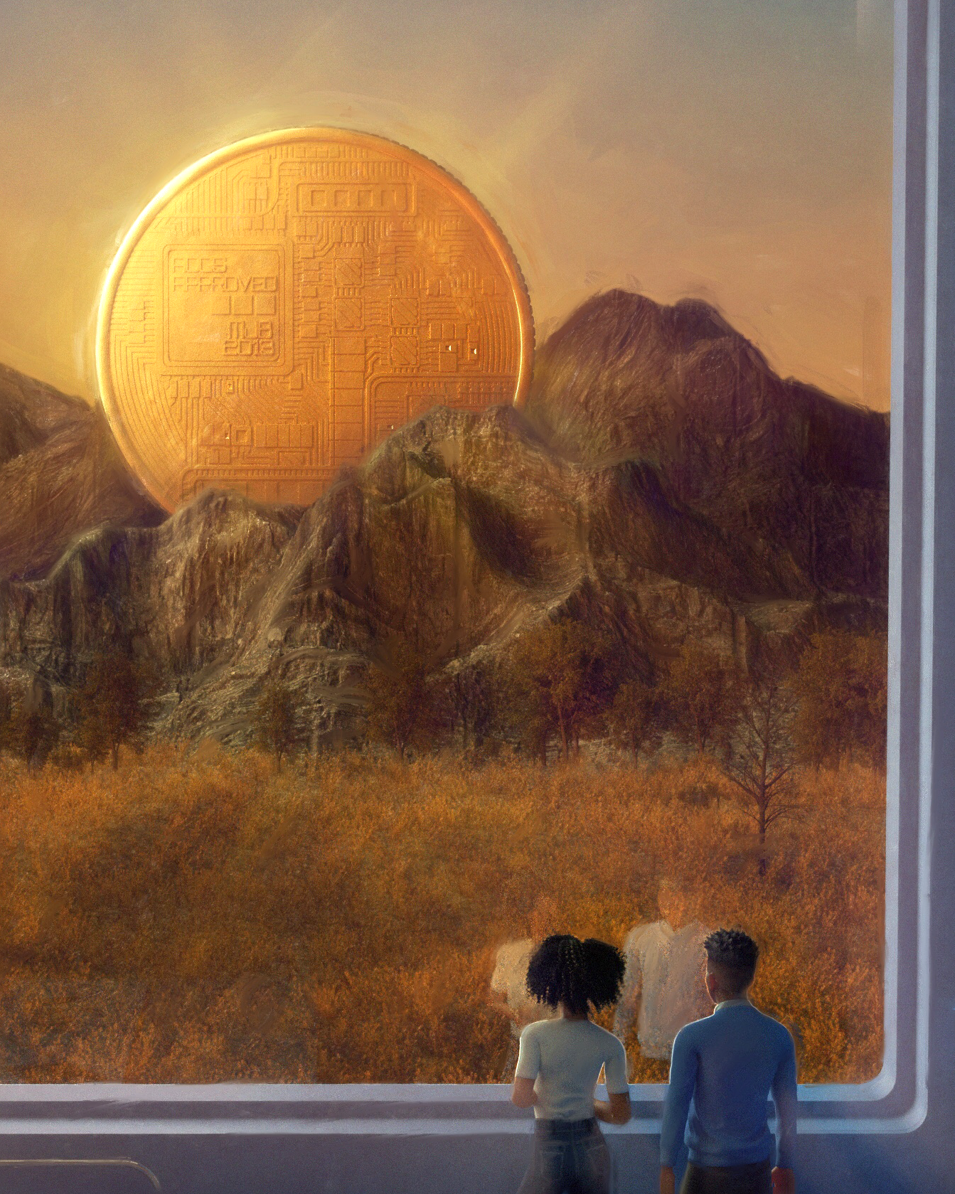 Gold coin representing sun over mountains