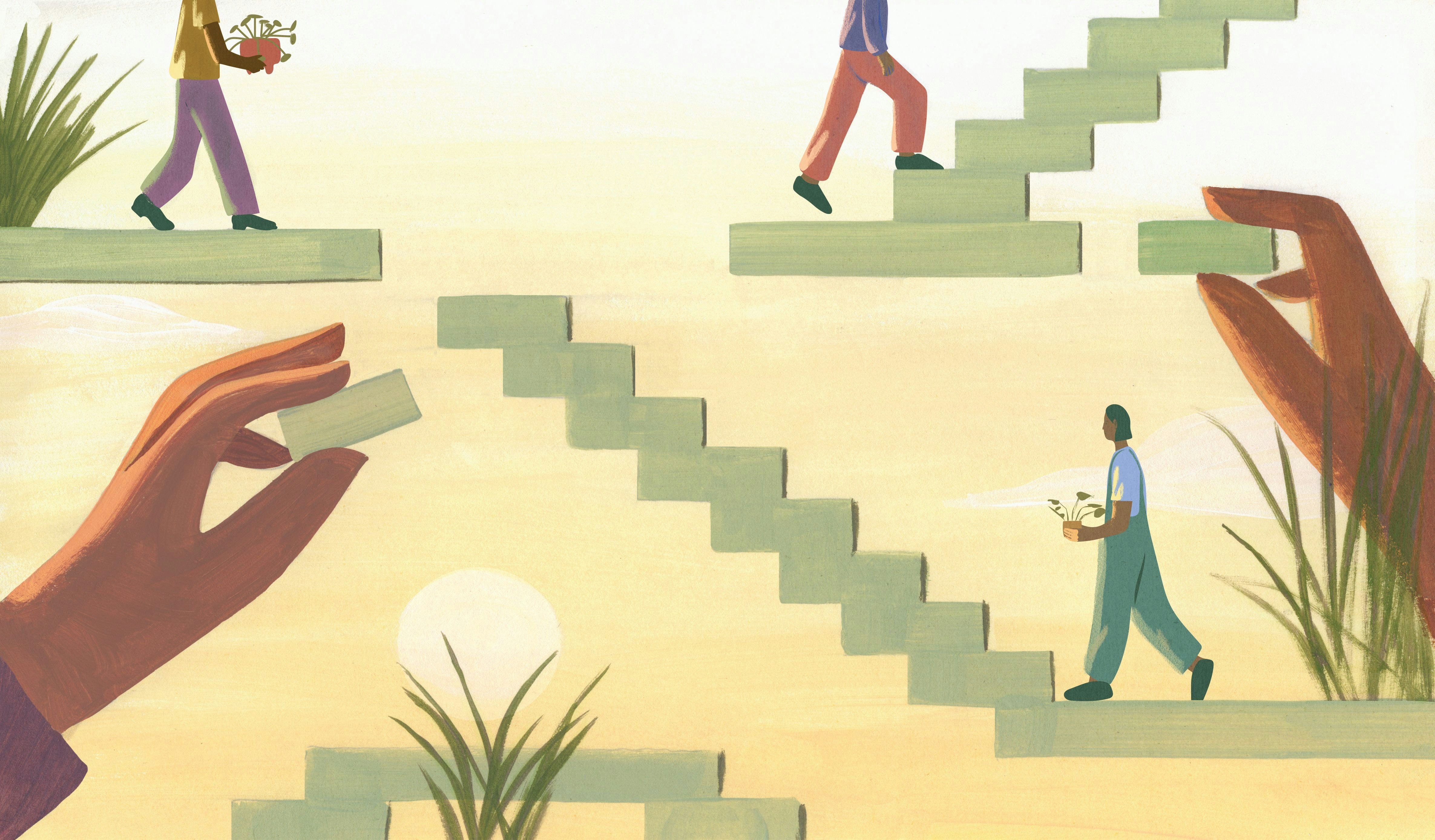 A pastel drawing of people climbing green stairs, building the staircases, and carrying plants | Meridian A pastel drawing of people climbing green stairs, building the staircases, and carrying plants | Meridian