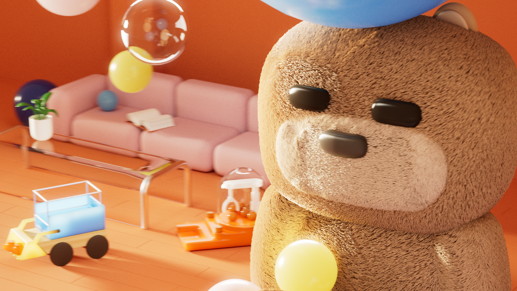Baby steps: Parenting as a founder A teddy bear and scattered toys in an orange room | Meridian by Mercury