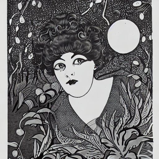 "A woman and the moon in the style of Aubrey Beardsley," made by Shreeda Segan on Hugging Face, using Stable Diffusion Drawing created using Stable Diffusion