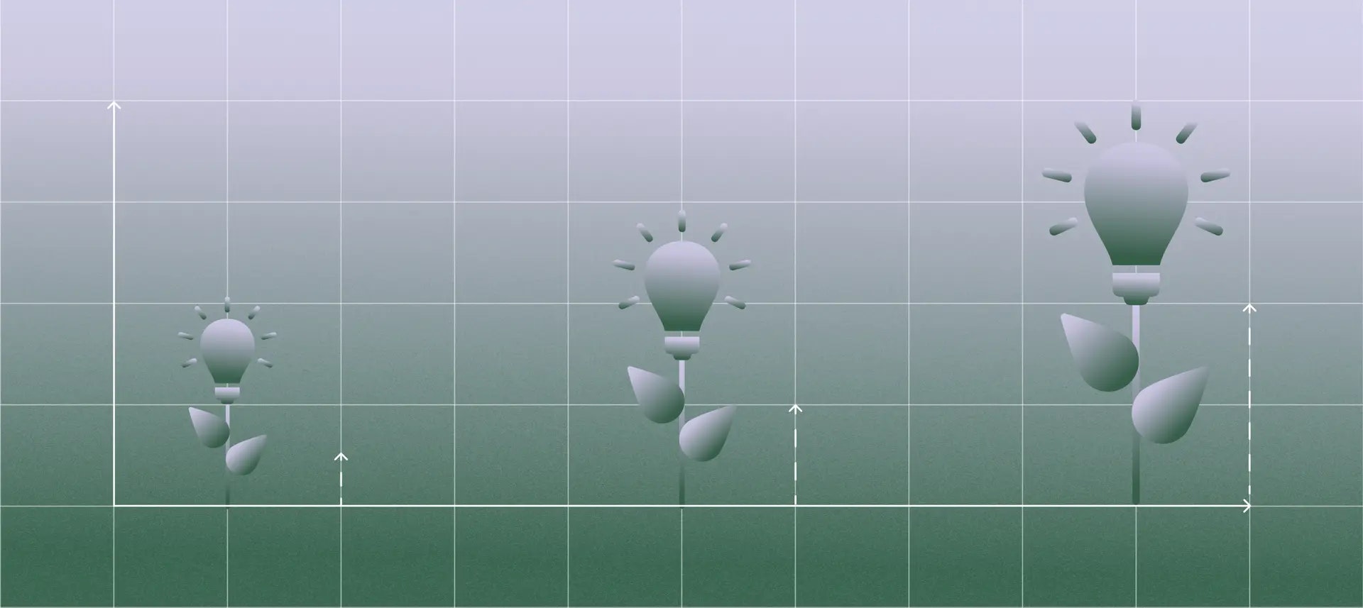 A flower growing in three stages. The flower head is replaced with a lightbulb.