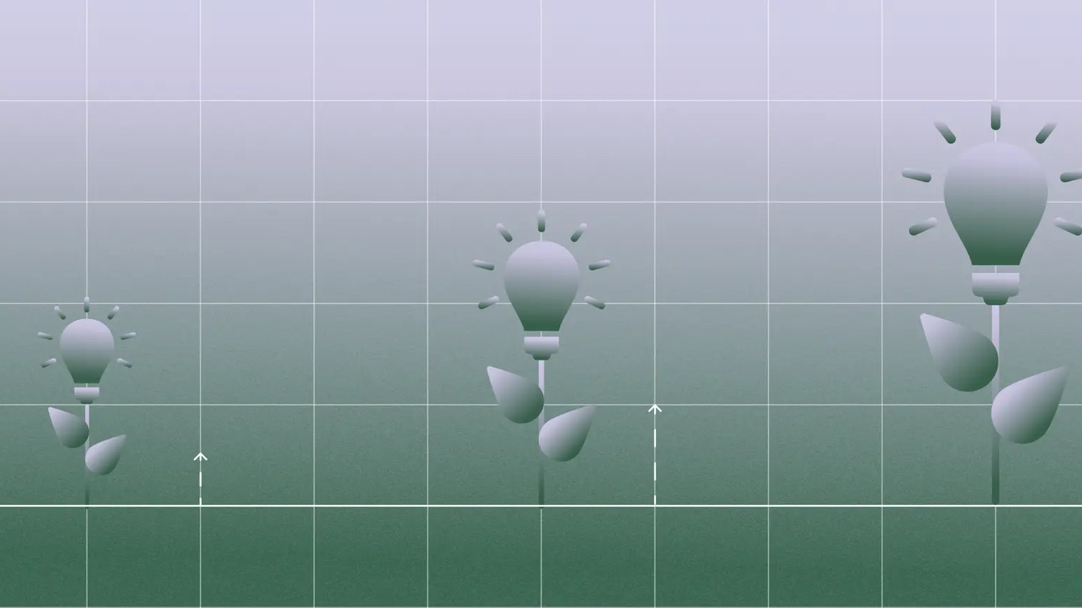 A flower growing in three stages. The flower head is replaced with a lightbulb.