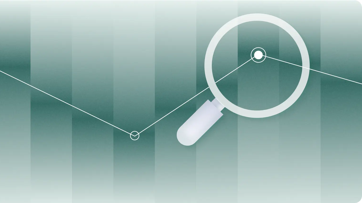 A line graph beginning in the top left corner, alternating down, upward, and down. A magnifying glass is inspecting the rightward most data point.