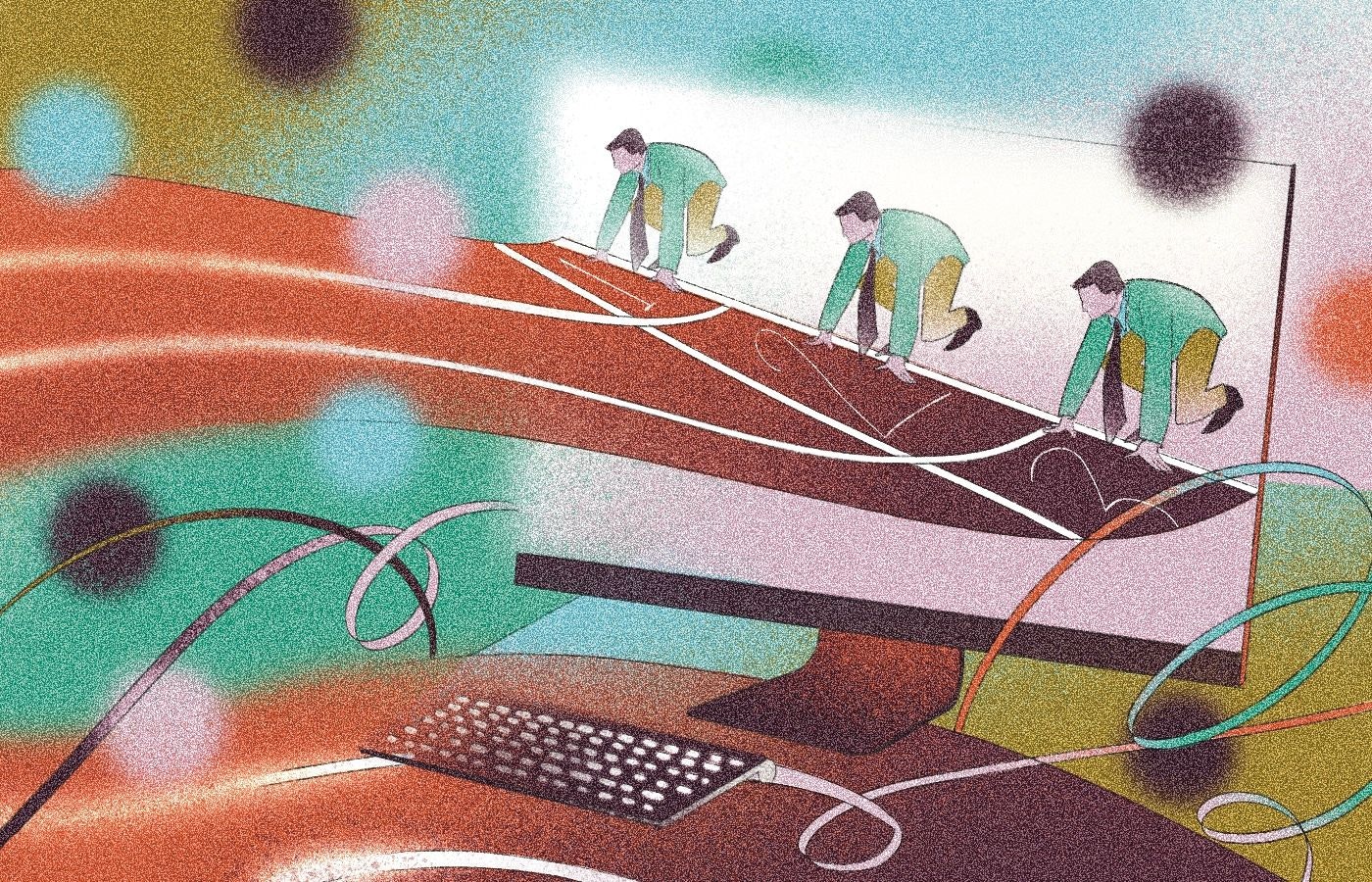 Three people climbing out of computer screen
