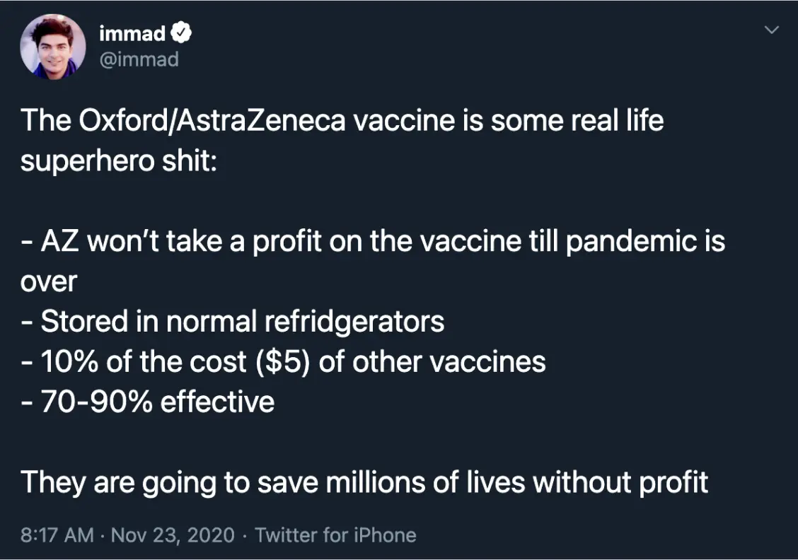 Tweet from Immad about the Oxford/AstraZeneca vaccine that got ~4,500 likes.