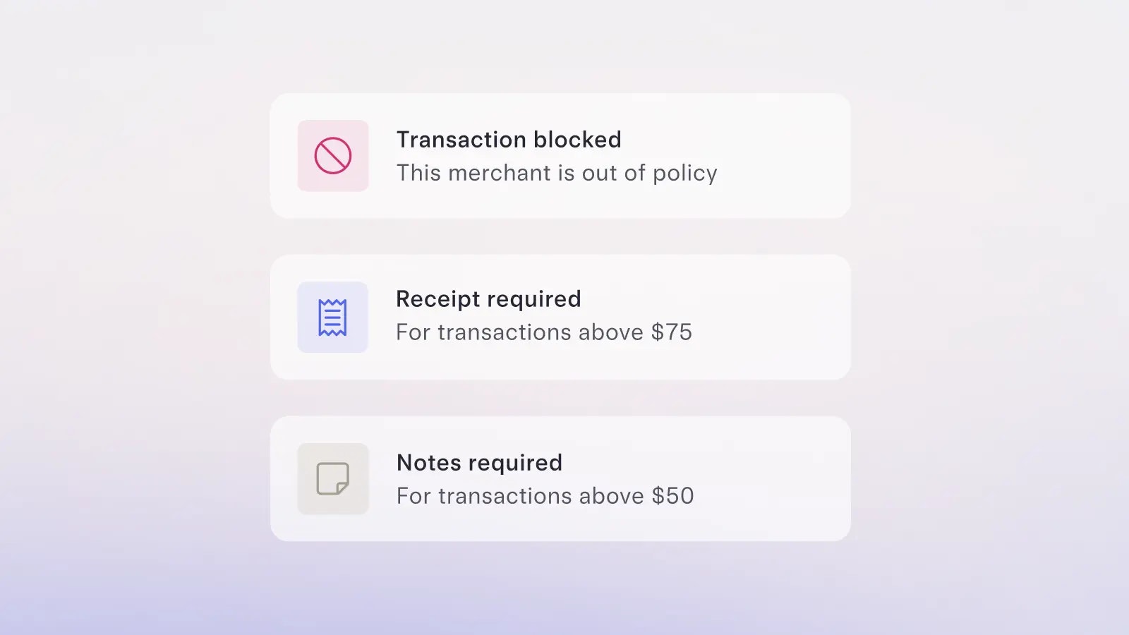 Graphic showing the features of Mercury's employee card spend policy
