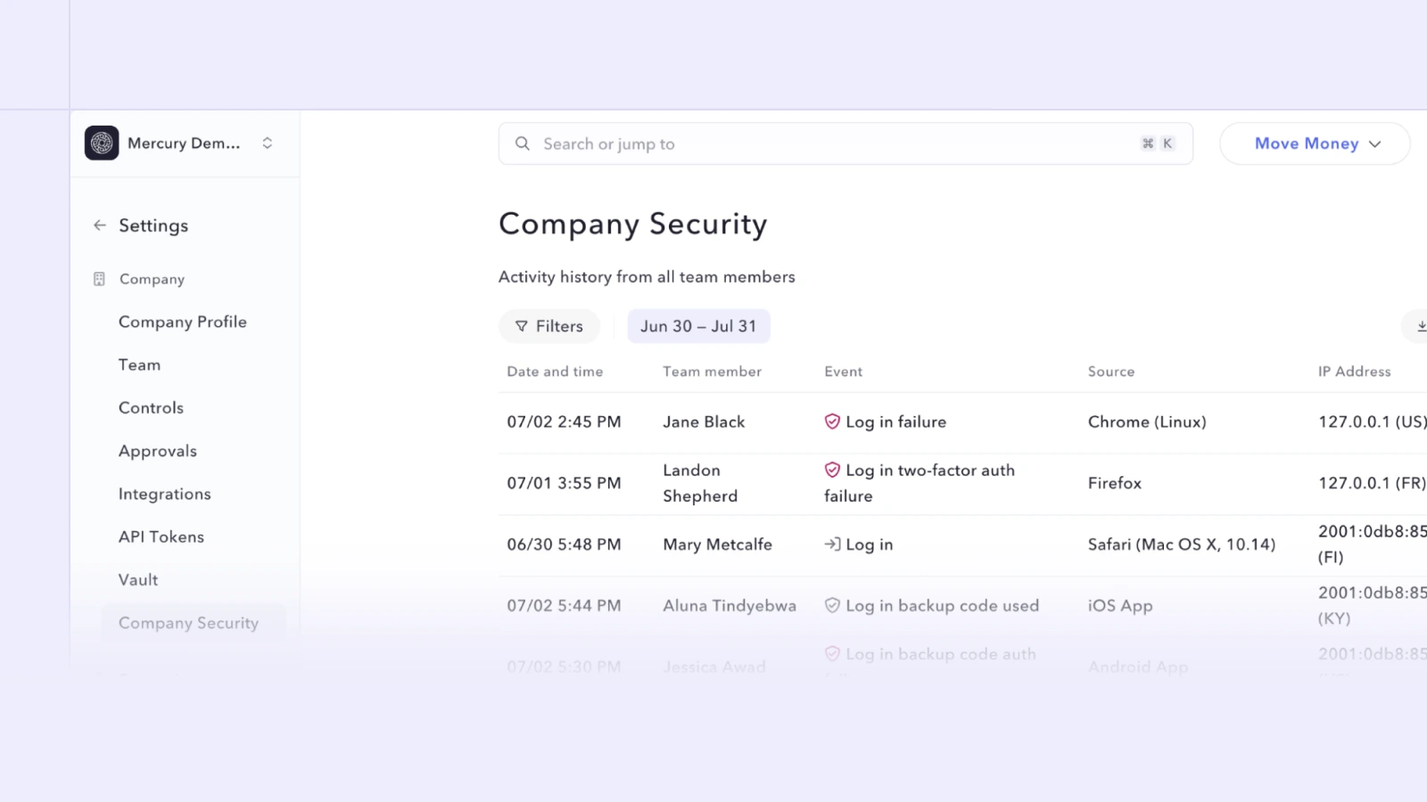 Dashboard image of how to keep track of account logins in real time | Mercury