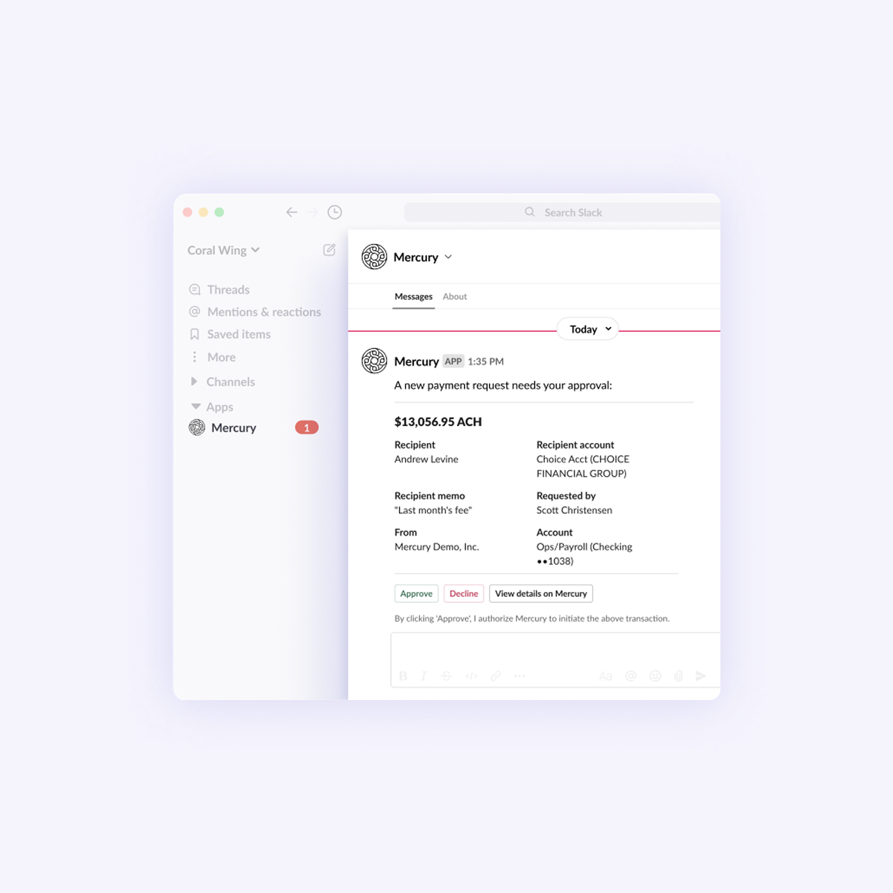 Slack UI showing payment approvals message/notification