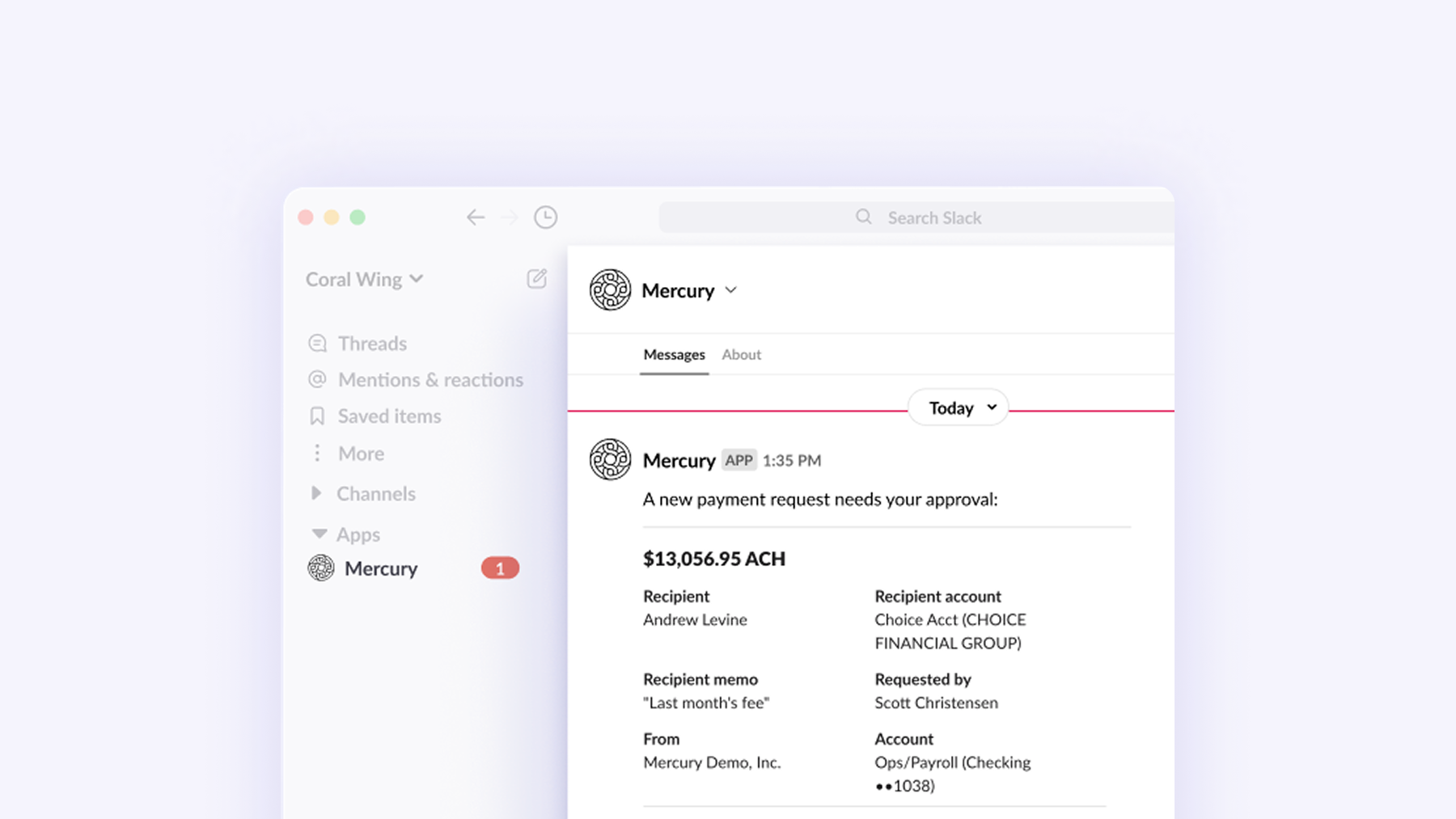 Slack UI showing payment approvals message/notification