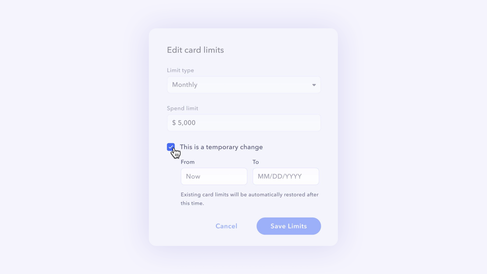 UI showing that you can set temporary limits on cards