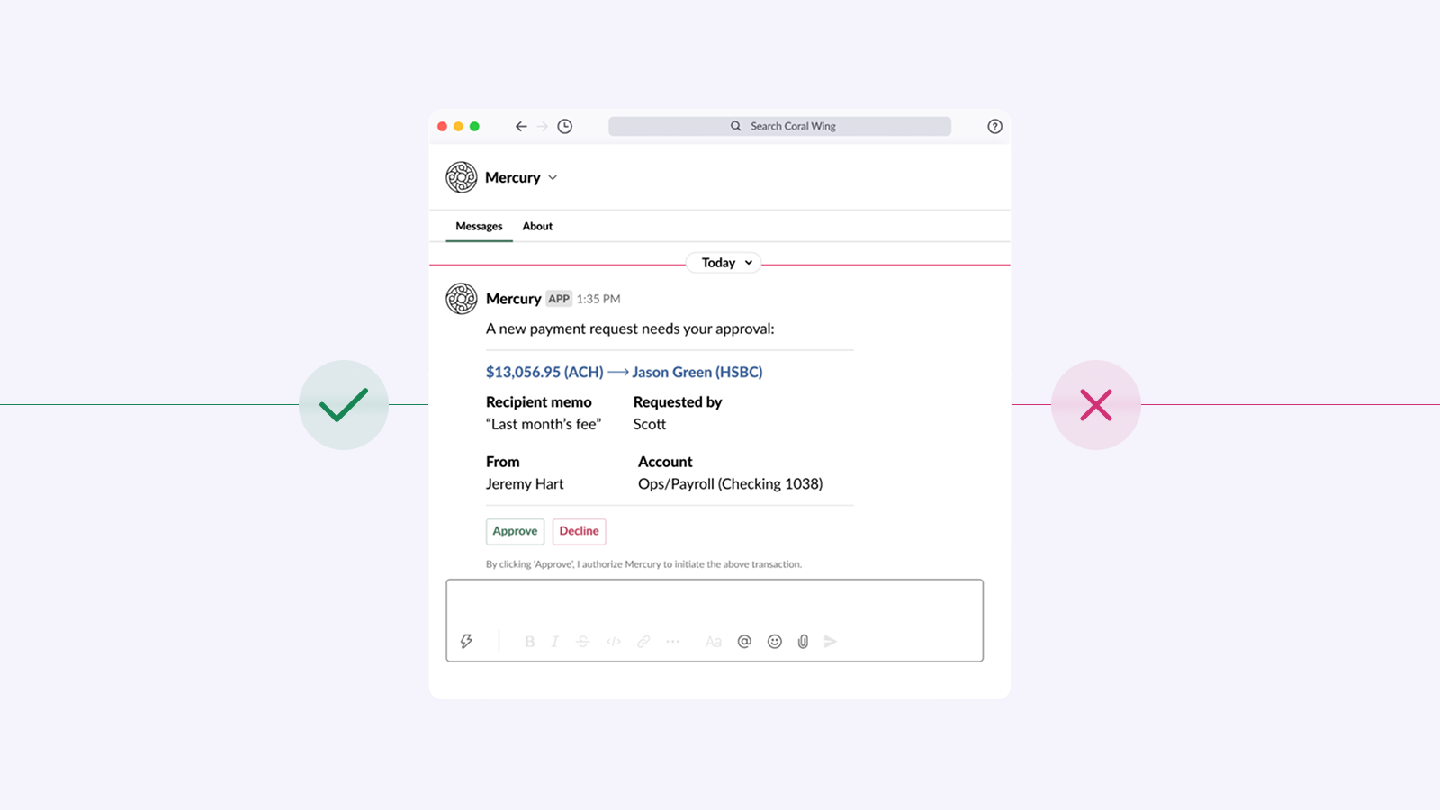 UI showing that you can approve or deny payments from the Slack app
