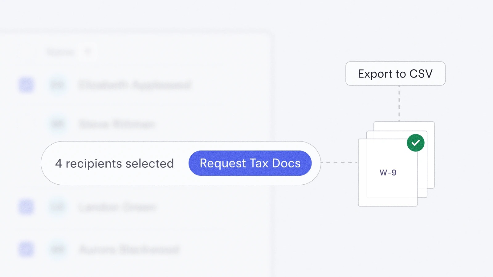 Graphic showing you can request tax documents and export to CSV