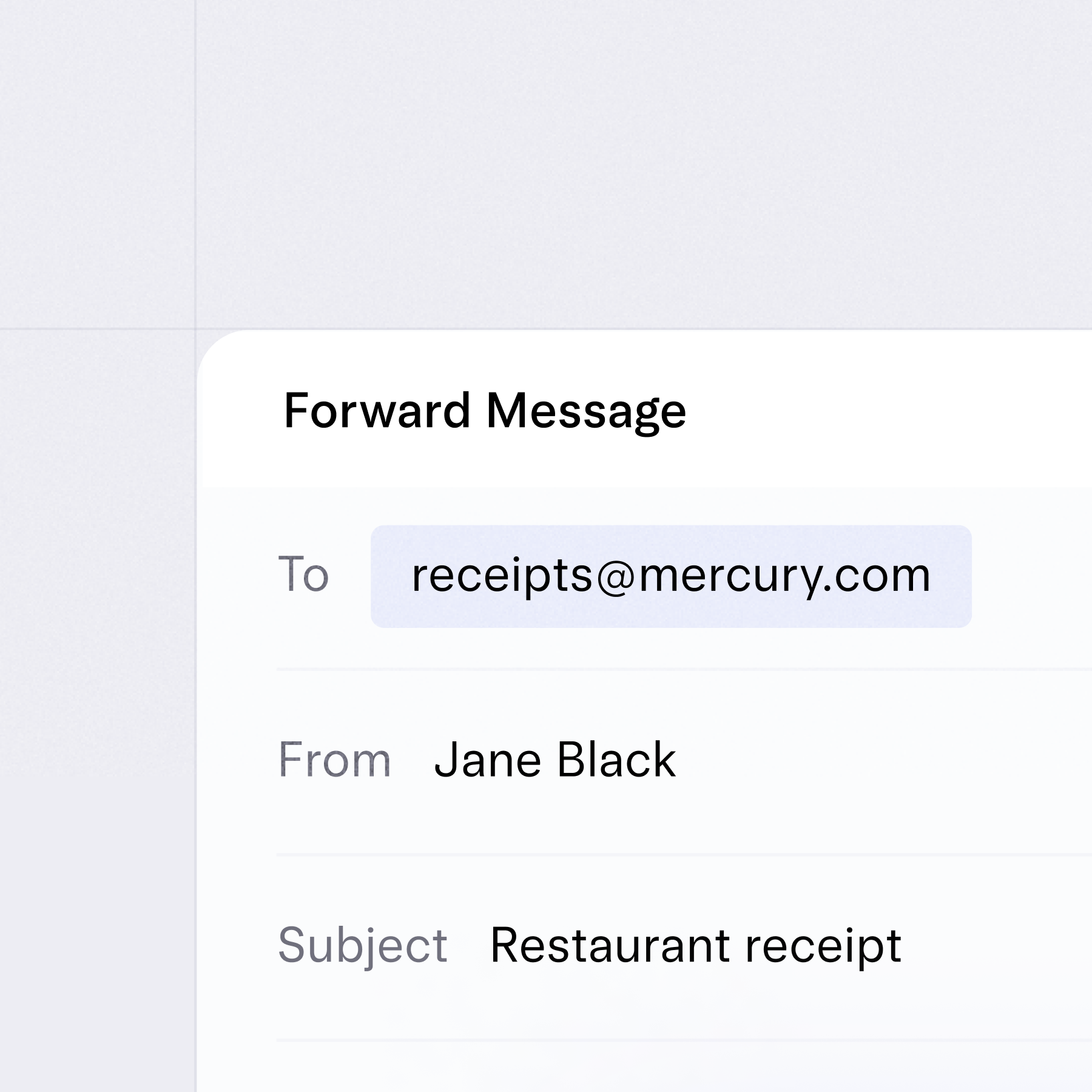 A screenshot of an email inbox with a message being forwarded to receipts@mercury.com.