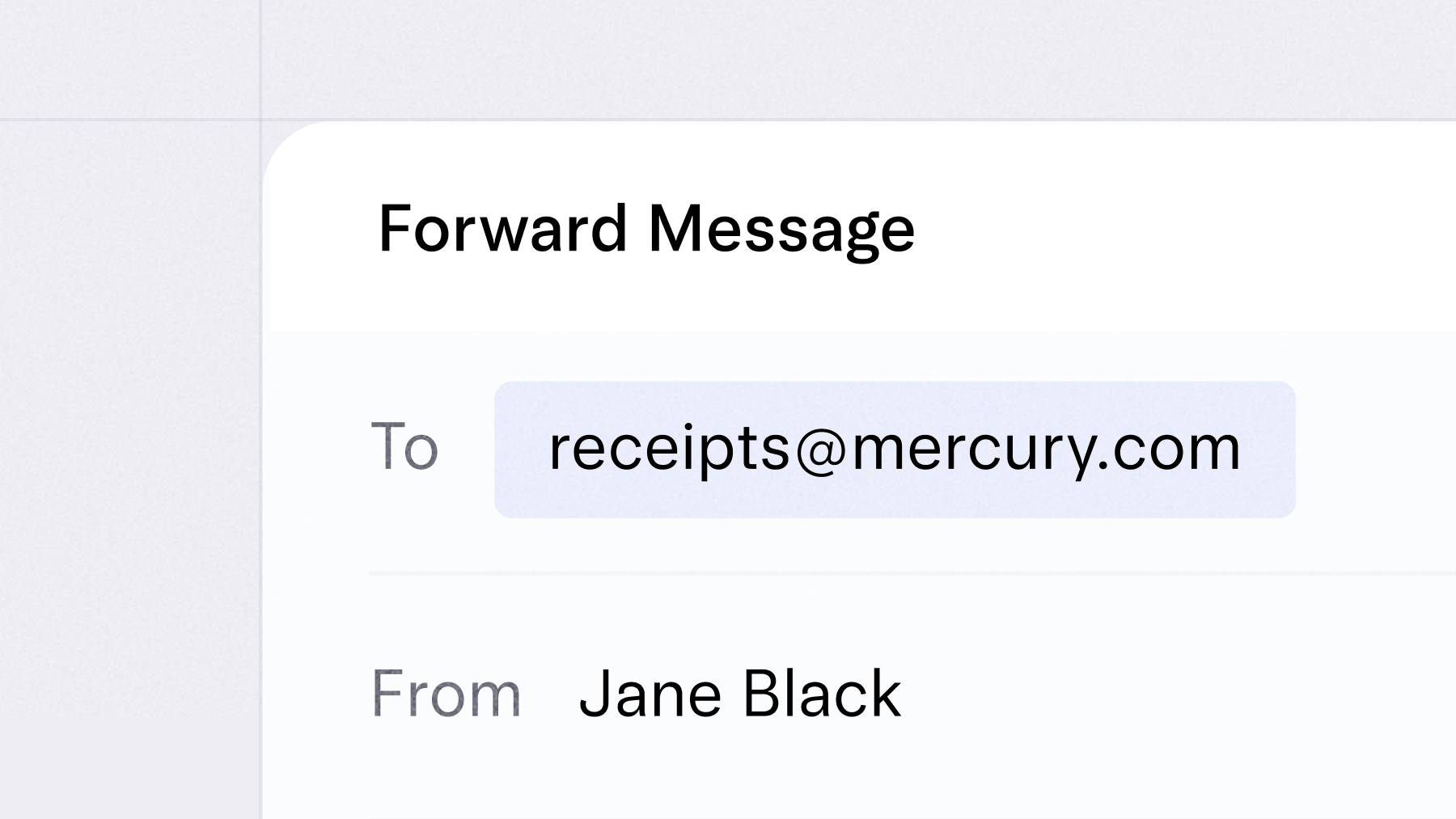 A screenshot of an email inbox with a message being forwarded to receipts@mercury.com.