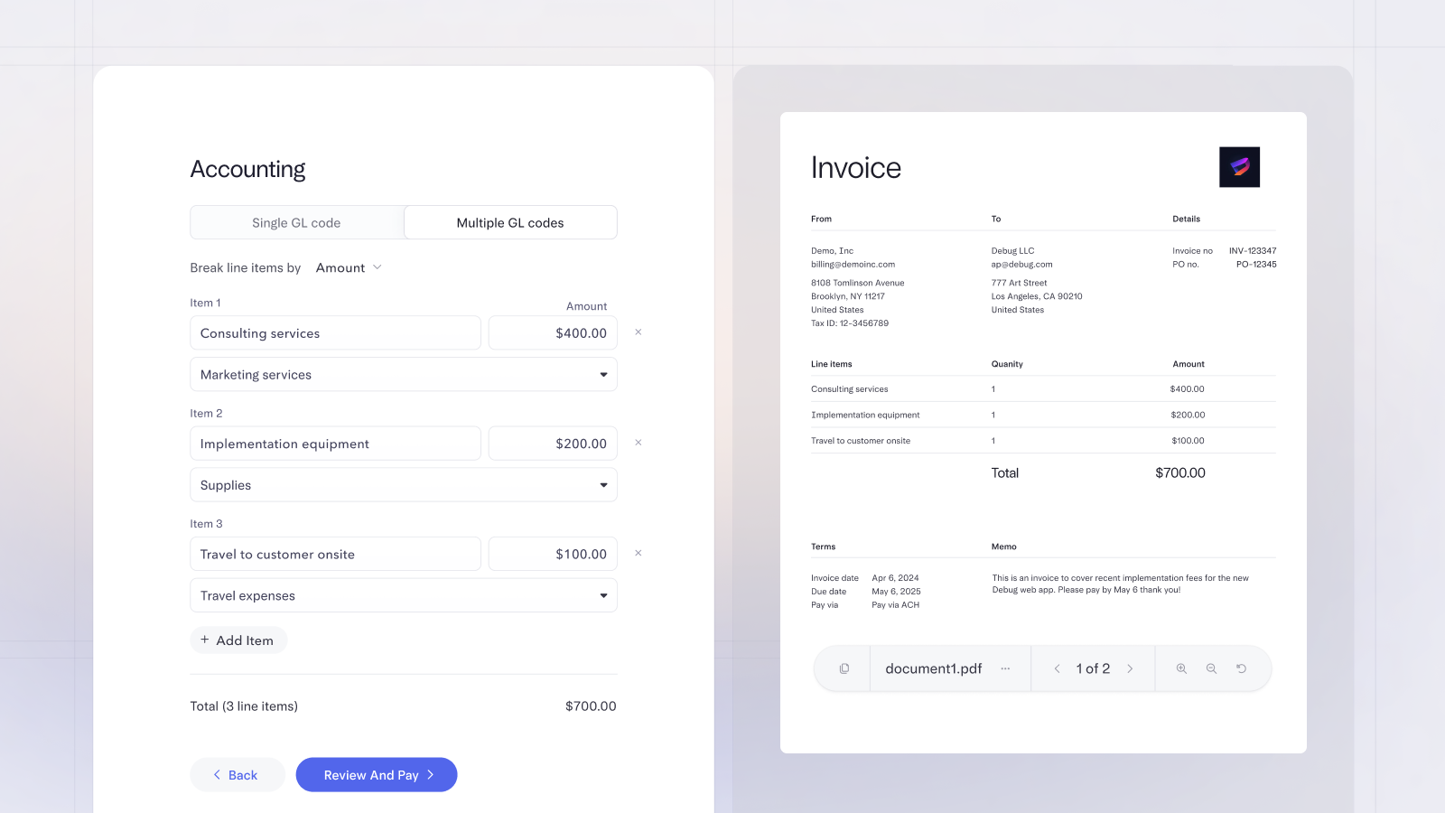 A screenshot of automated accounting tasks and an example invoice generated within Mercury.